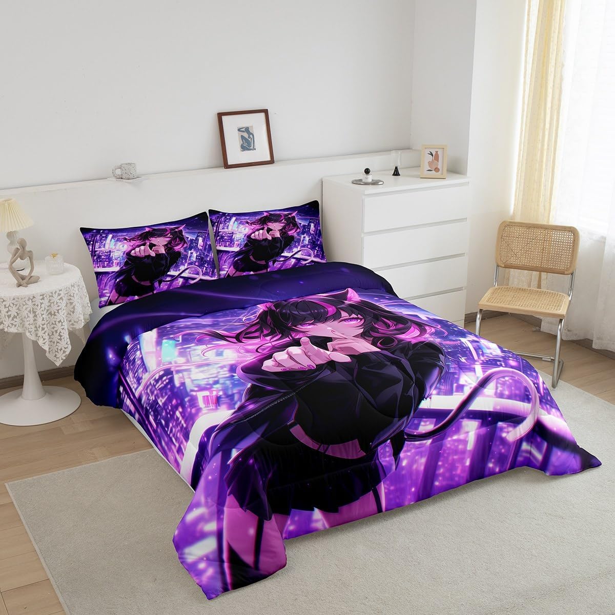 Erosebridal Kids Anime Girl Full Size Bedding Set, Japanese Anime Comforter Set, Cartoon Girl Duvet Insert for Boys Teens Bedroom Decor, Kawaii Japanese Animation Quilt with 2 Pillow Cases