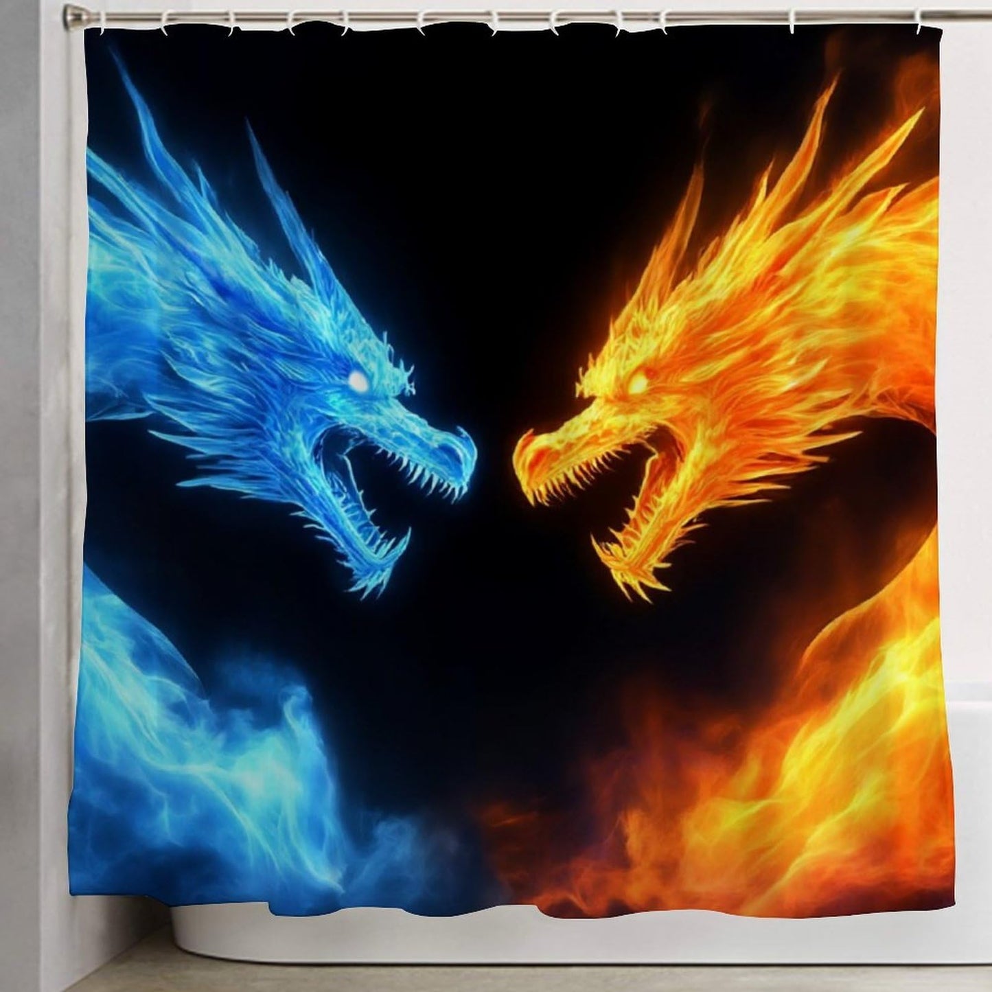 Meaudiwes Luxury Waterproof Shower Curtain Lightweight Fabric Hotel Style Bathroom Decor, 72"x 70" Ice Blue and Red Fire Flame Dragon