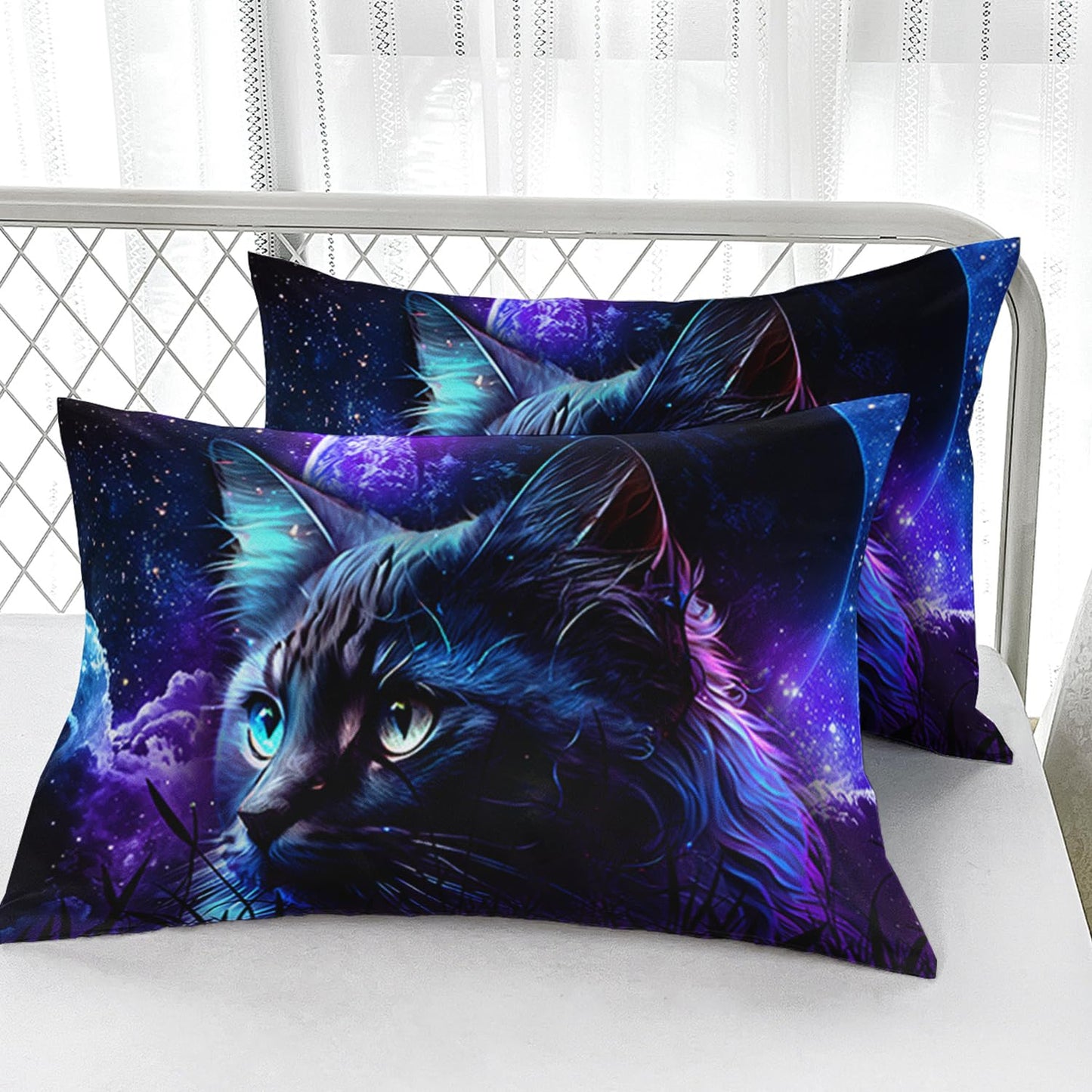 AILONEN Space Cat Bedding Set Twin XL Size,Blue Black Starry Planet Kitten Kids Sheet Set,3Pcs Animal Themed Soft Fitted Sheet with 2 Pillowcases