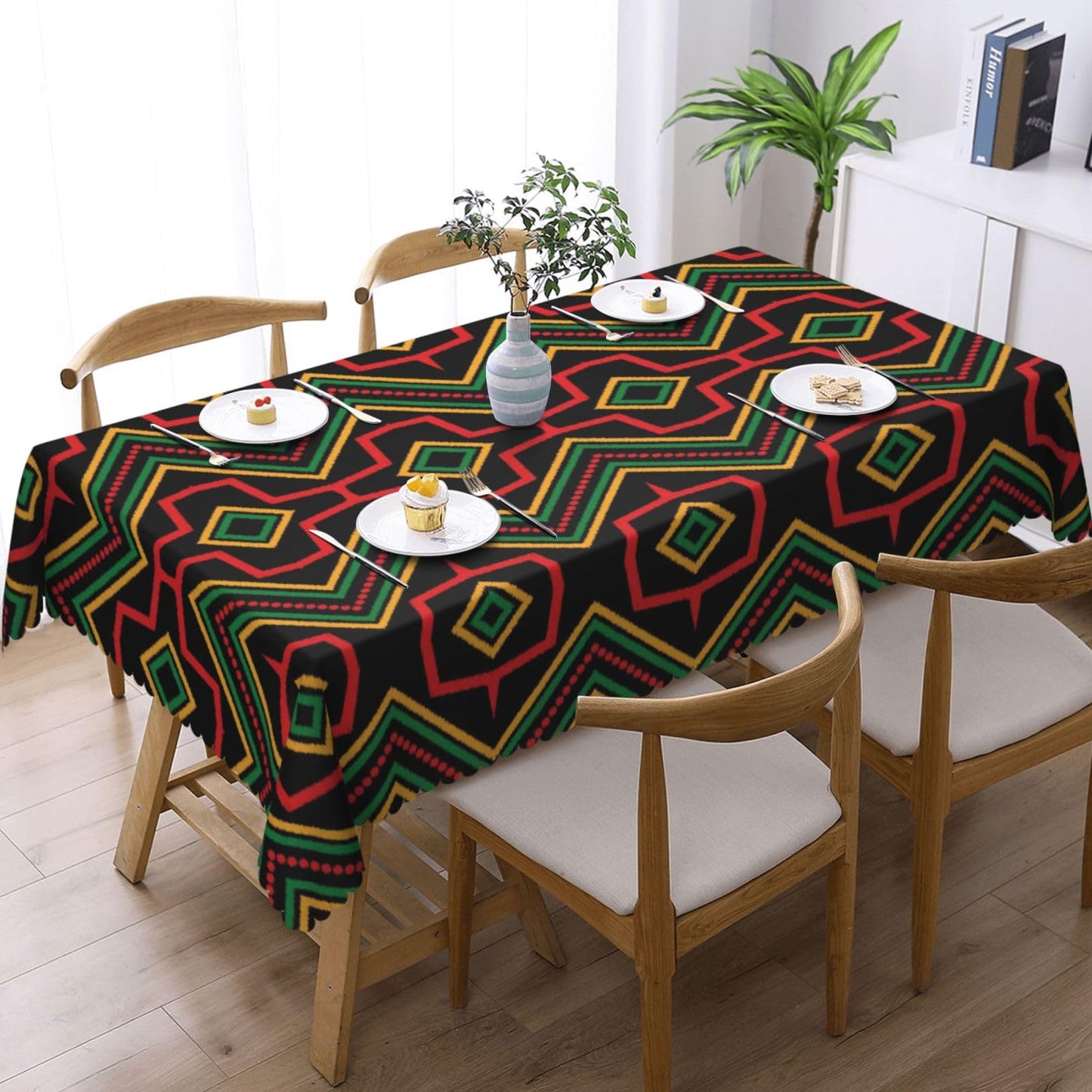 GOUROISE Ethnic African Ikat Print Rectangular Tablecloth, African Ethnic 54x72 Inch Wavy Lace Border Polyester Table Cloth for Dining, Kitchen, Parties