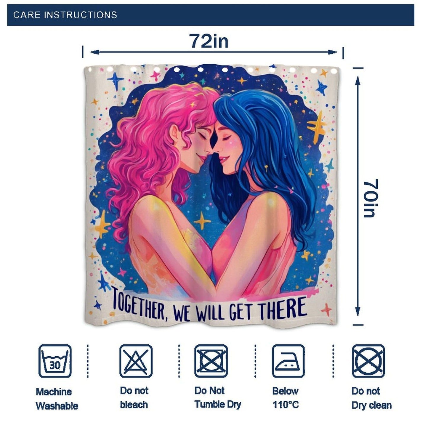 100% BLUE COLLAR Fashion Hotel Waterproof Lesbian LGBT Girl Pride Love Bathroom Shower Curtain with Hooks, 72"x 70"