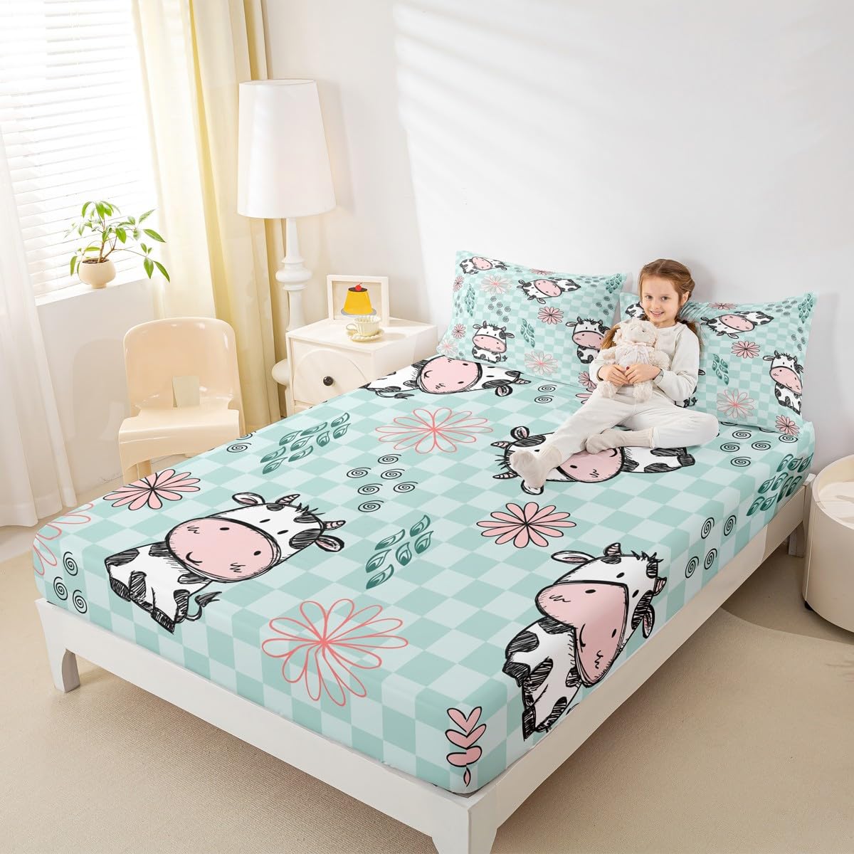 Erosebridal Kids Cartoon Cow Bedding Set Full Size Lovely Animal Fitted Sheet for Boys Girls, Child Cute Pet Bed Sheet Set Abstract Flowers Flat Sheet Quilt Set Buffalo Checked Backdrop Bedroom Decor