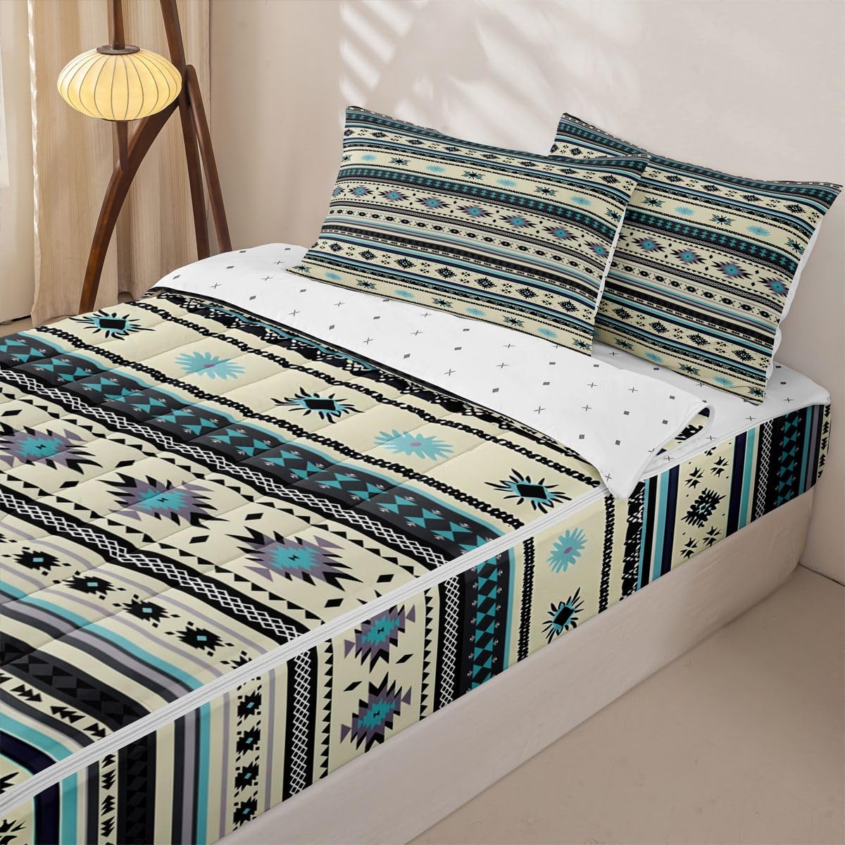 Western Zipper Bedding Queen Vintage Exotic Geometric Triangle Zip Up Bedding Set for Boys and Kids, Ethnic Tribal Arrow Bed in a Bag African Indian Tribal Sriped Boho Comforter Set with Sheets Brown