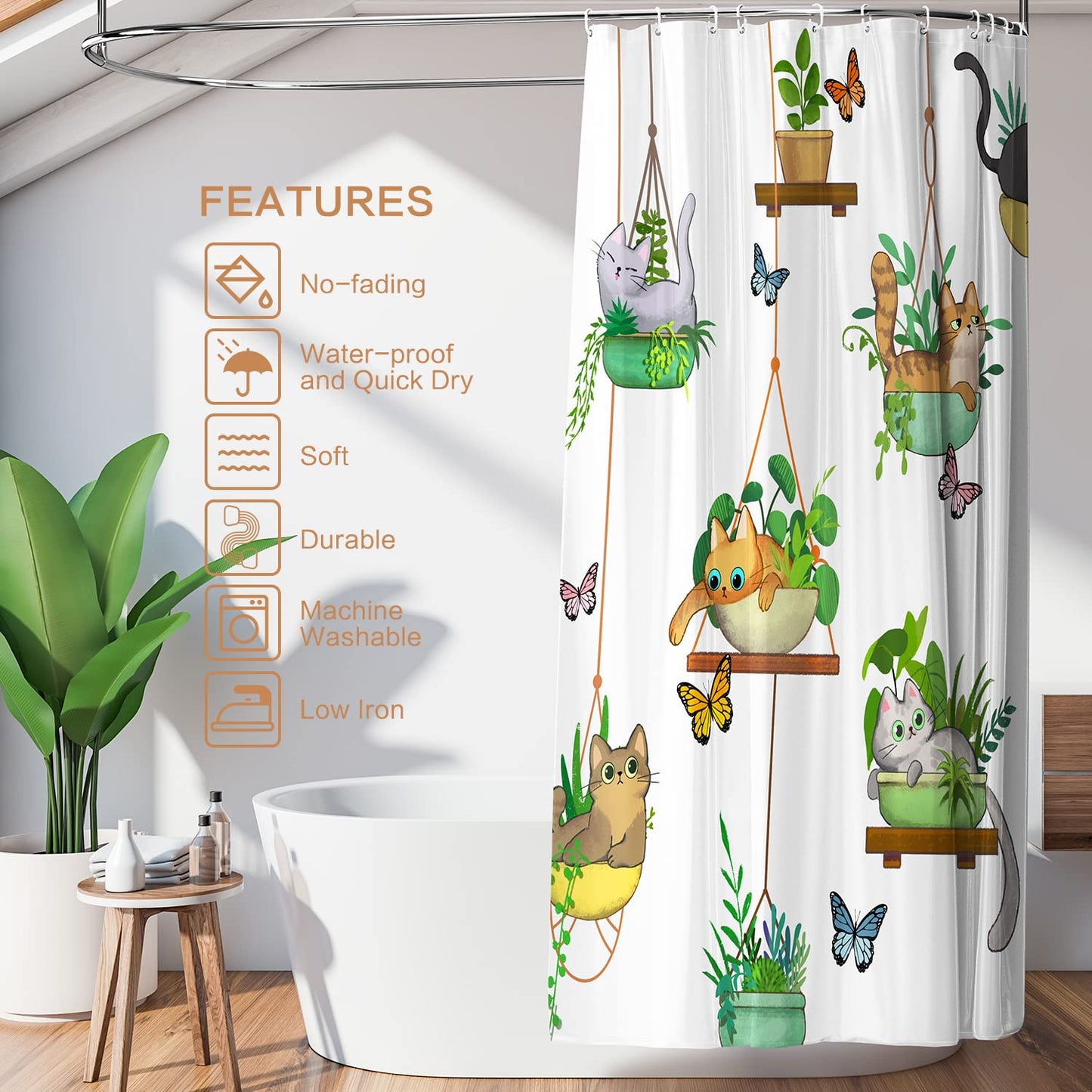 CutebriCase Hanging Potted Plants Cat Shower Curtain, Bracketplant KittyShower Curtain for Bathroom with 12 Hooks Polyester Fabric Waterproof Shower Curtain Sets Machine Washable Kids Bath Curtain