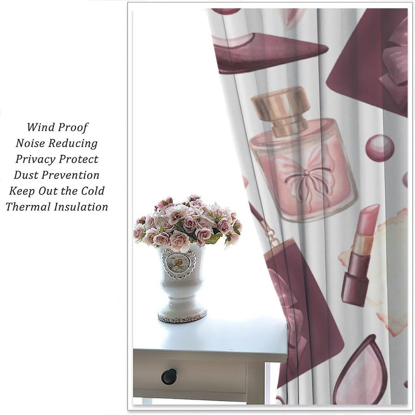 Fashion Girls Curtains Modern High Heels Pink Perfume Lipstick Sunglasses Bag Art Printed Rod Pocket Window Treatments For Women Teenage Living Room Bedroom 2 Panels Set 41x45 ln（No Blackout）