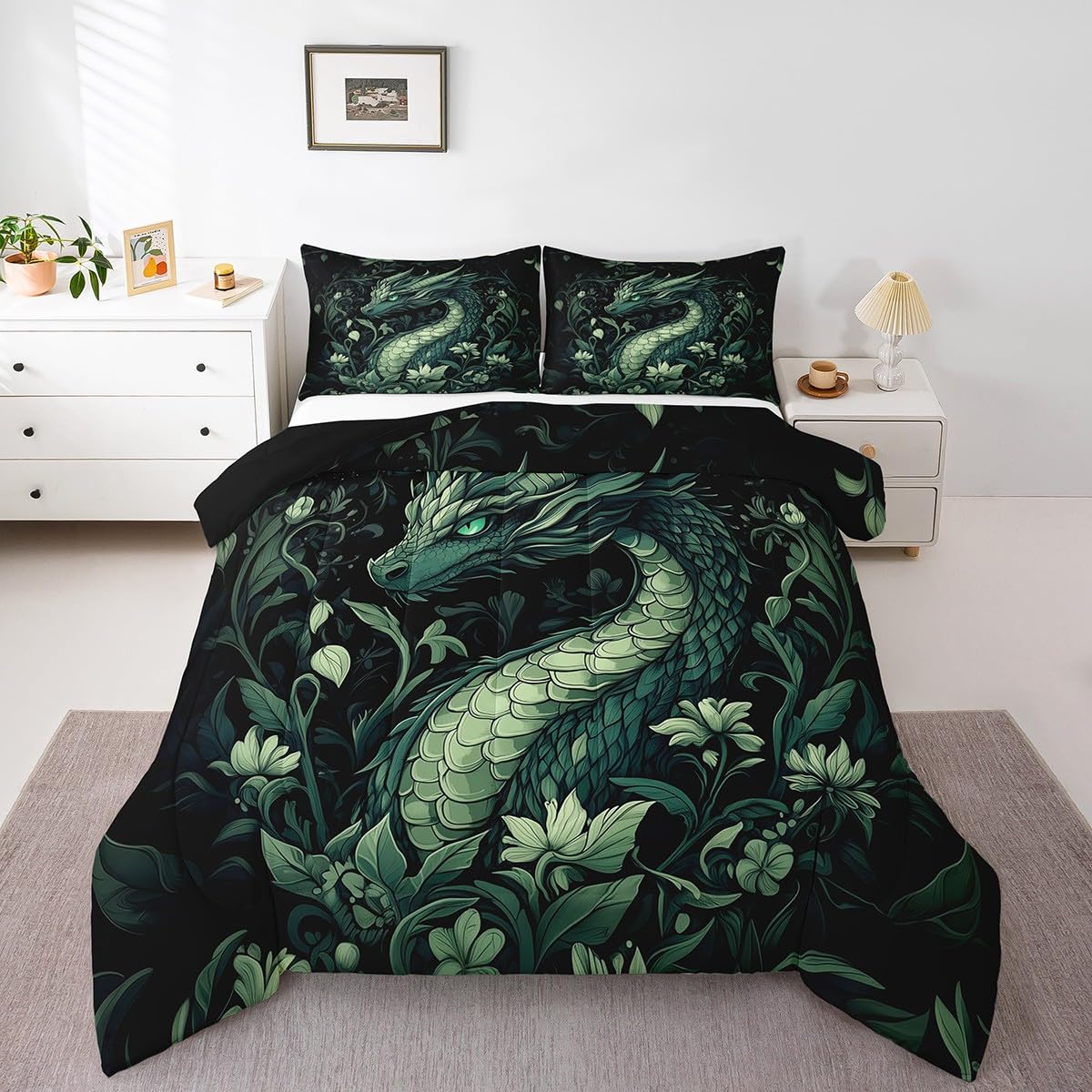 Retro Dragon Kids Comforter Toddler,Botanical Plants Wildlife Bedding Set for Teens Youth Bedroom Decor,Jungle Wild Leaves Animals Reversible Quilt Sets,Rustic Farmhouse Style Bedding Comforter Set