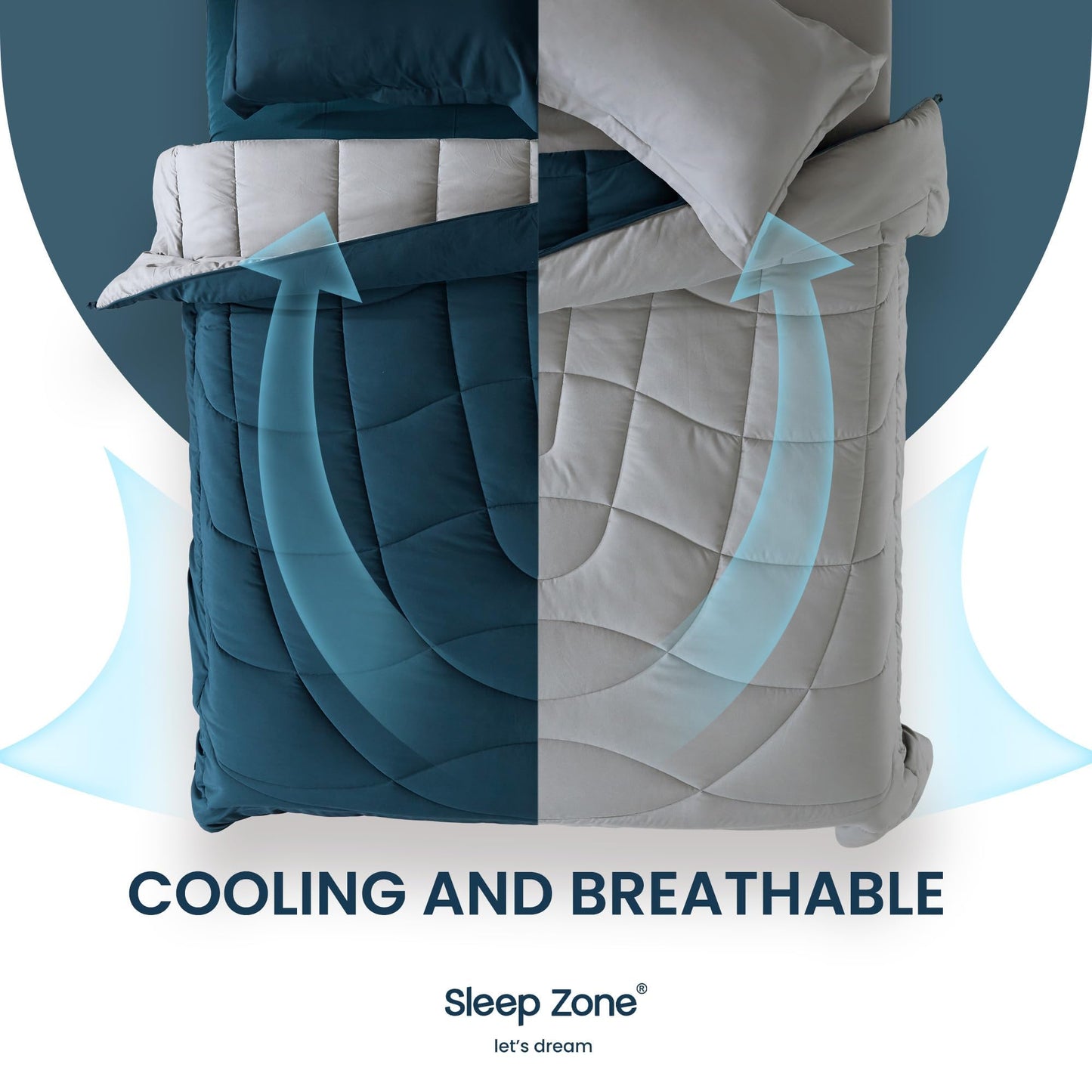 SLEEP ZONE Comforter Duvet Insert, Queen Size Quilted Reversible Comforters, Soft All Season Duvet, Down Alternative Breathable Bedding with 8 tabs, 2 Sides Teal Gray 88 x 88 Inches