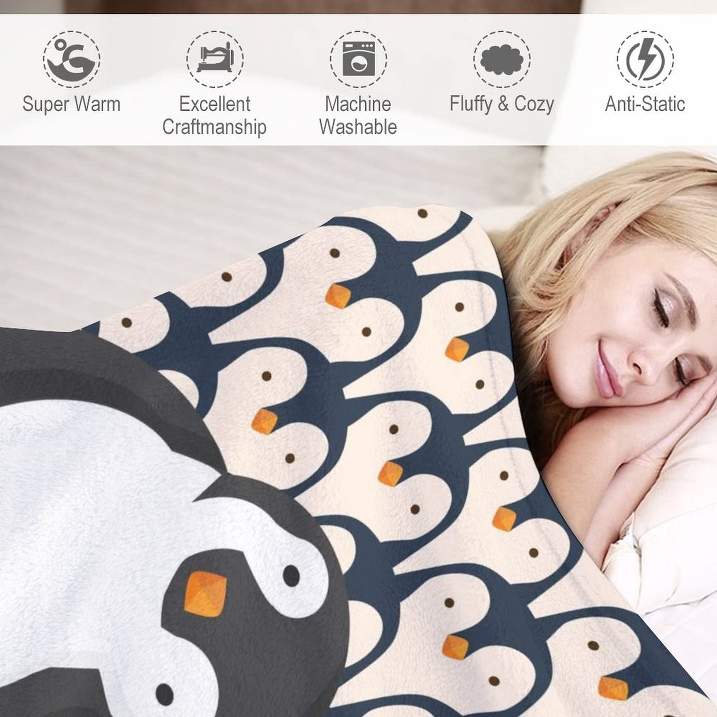 Penguin Blanket Gifts - 60"x80" Cute Throw Blanket for Adults, Kids - White Soft Plush Blankets for Bed, Couch & Living Room