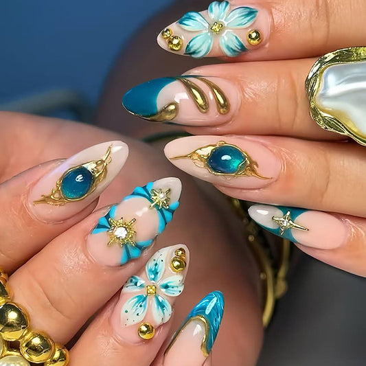 RUOKEXIN Almond Press on Nails French Tip Fake Nails Medium False Nails with Gold Charm Designs Acrylic Nail Press ons Sparkly Artificial Nails for Women 24Pcs