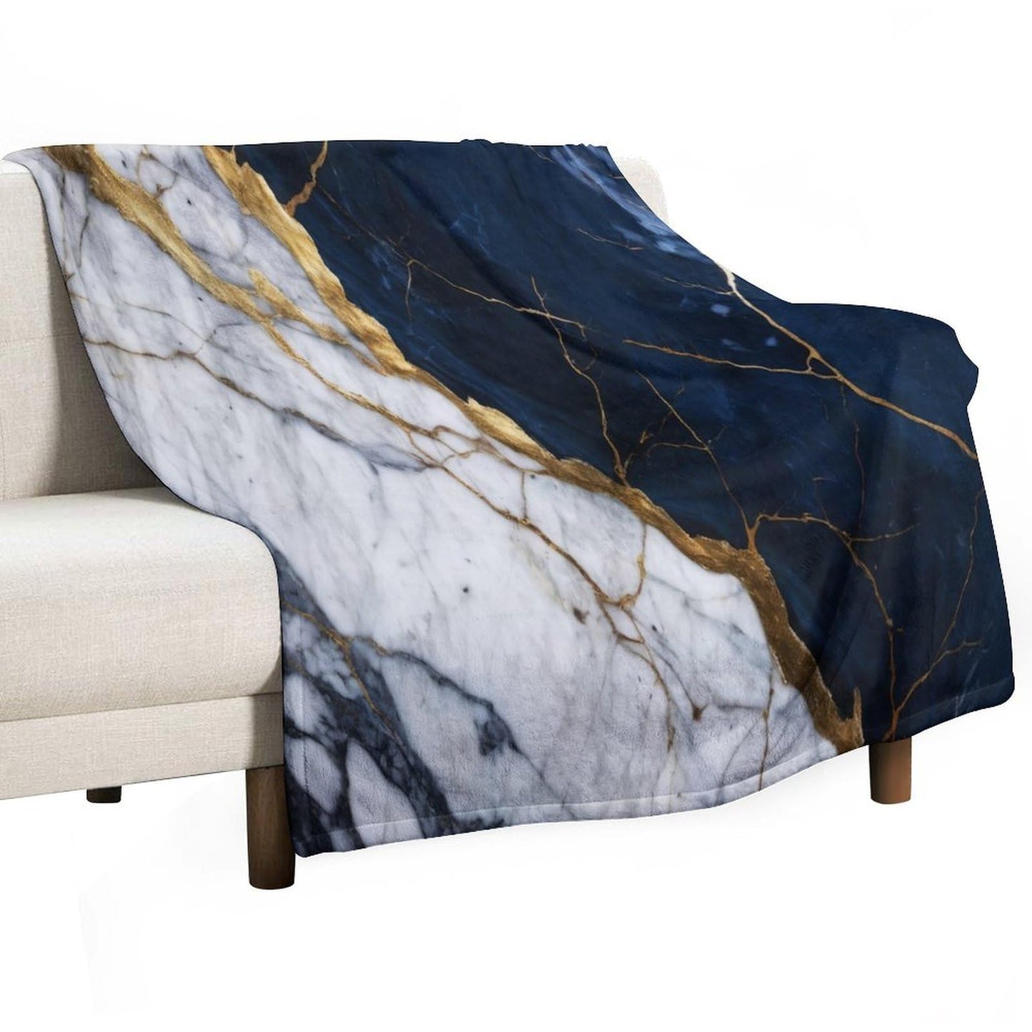 Marble Throw Blanket for Bed Sofa, 40"x50" Super Soft Warm Cozy Fluffy Plush Blanket, Modern Abstract Foil Texture White Navy Blue Gold Marble Flannel Couch Blanket for Travel Camping
