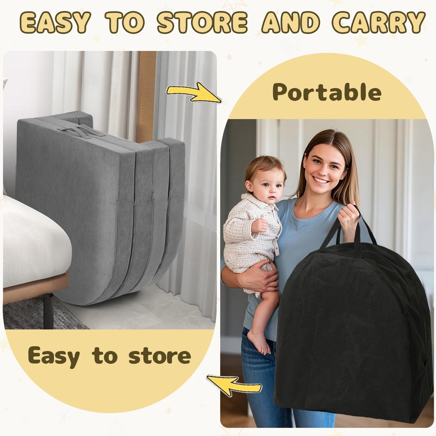 Tykacna Travel Toddler Bed, 3-in-1 Portable Foldable Toddler Chair,Soft Foam Floor Bed Lounger with Washable Cover,Grey