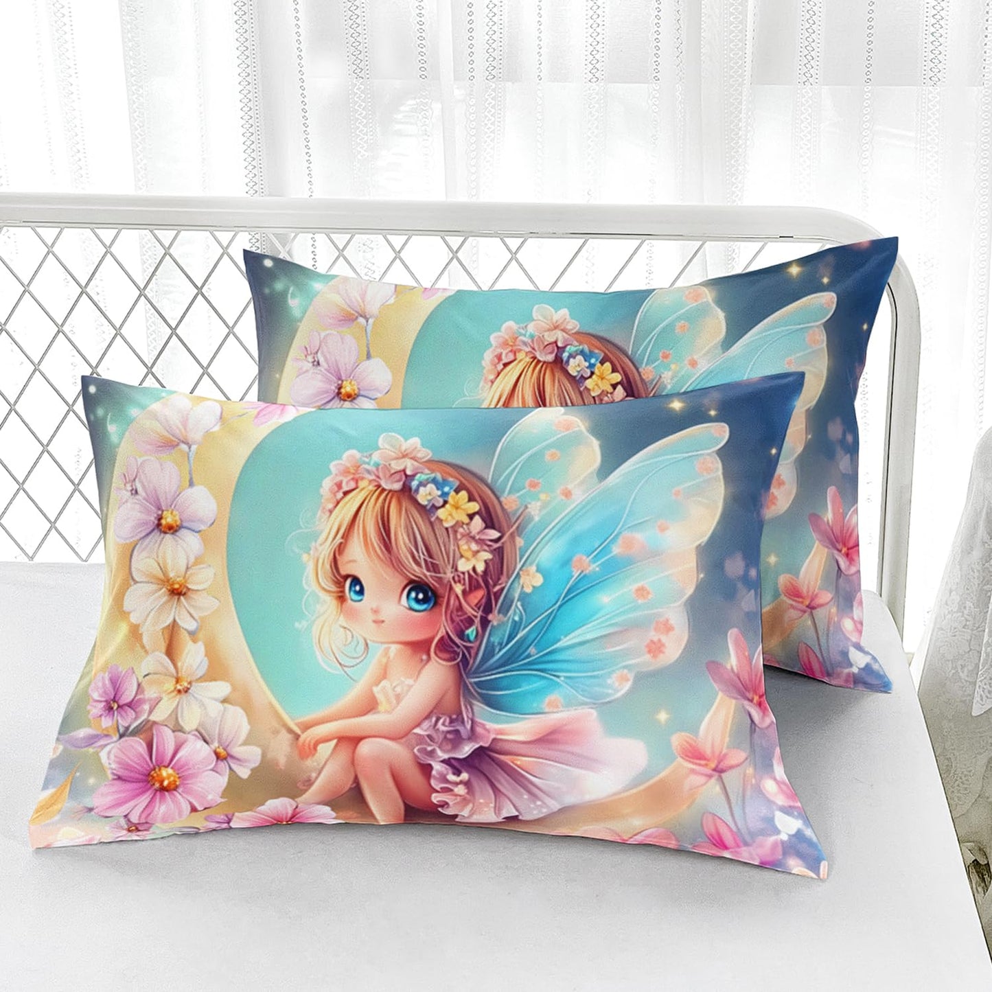 AILONEN Beautiful Fairy Girls Fitted Sheet Set Twin Size for Kids,Pink Flower Fairy Bed Sheet Set,Cartoon Moon Butterfly Girls Kawaii Bedding Set,1 Fitted Sheet with 2 Pillowcases,3-Piece