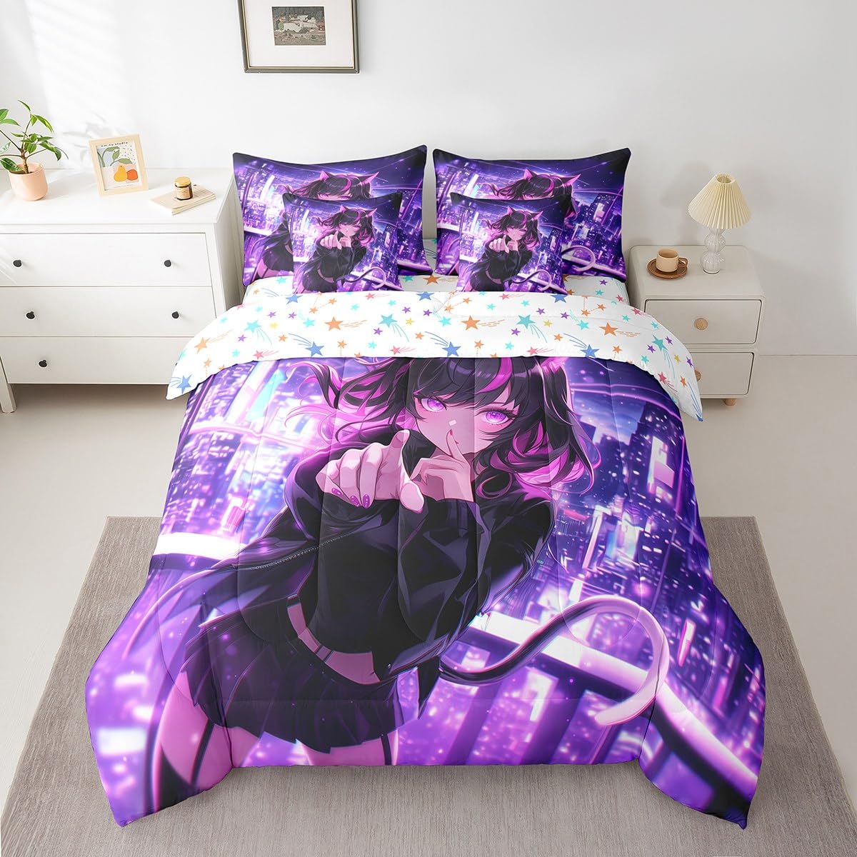 Erosebridal Kids Anime Girl Twin Comforter Set 7 Piece, Japanese Anime Bed in A Bag, Cartoon Girl Bedding Comforter Sets for Boys Teens Bedroom Decor, Kawaii Japanese Animation Bed Set