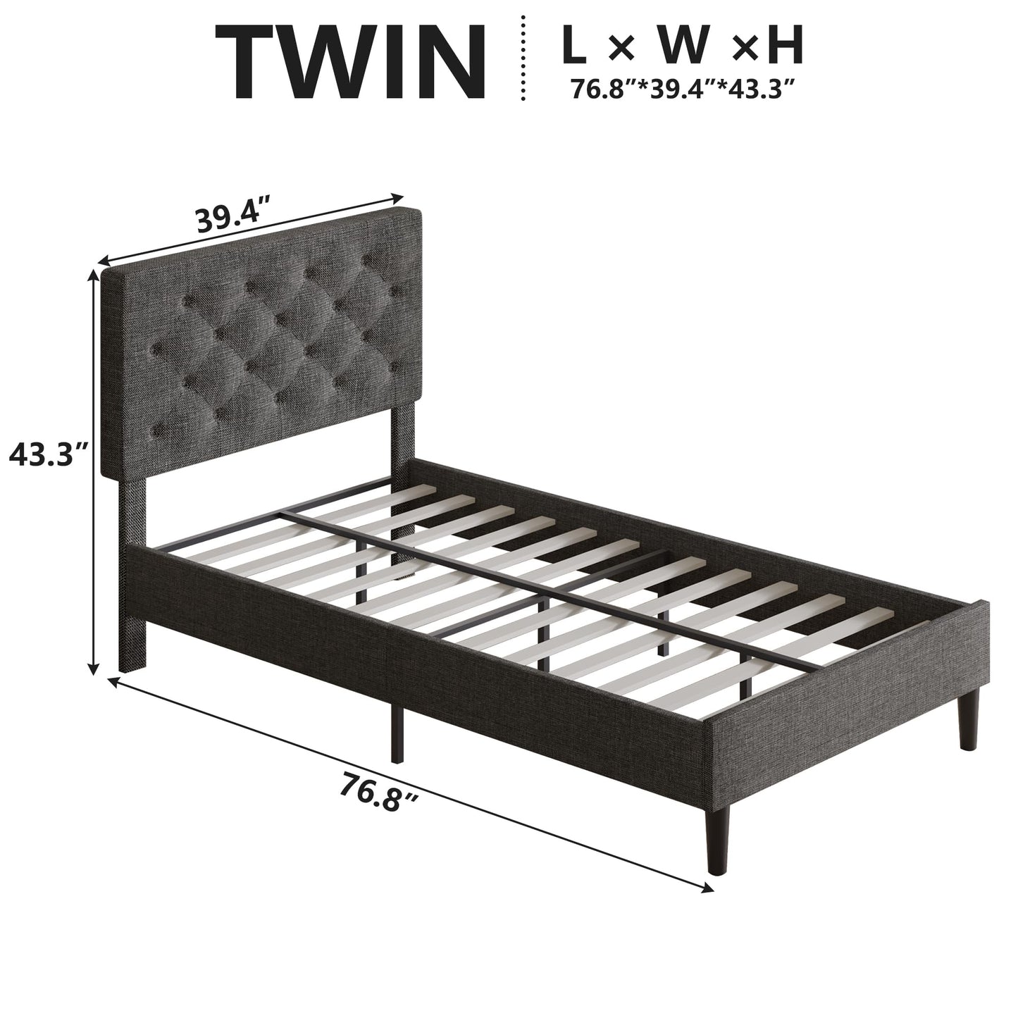 Lullabyre Twin Bed Frames for Kids, Upholstered Platform Bed Frame, Upholstered Bed Frame with Tufted Headboard, No Box Spring Needed, Easy Assemble, Grey