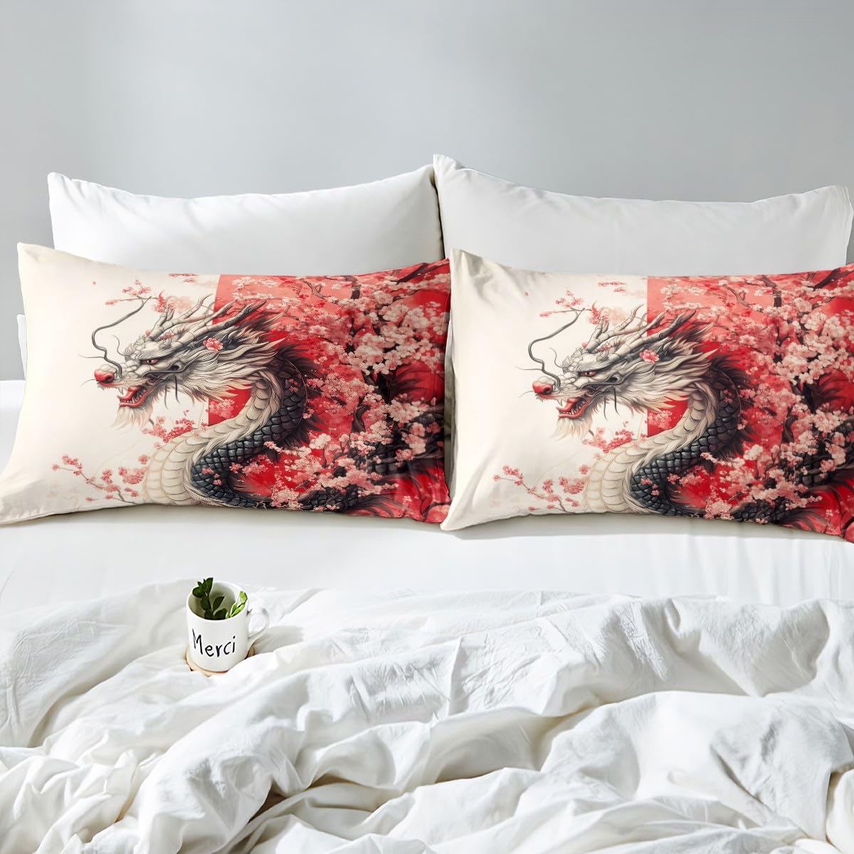 Erosebridal Girls Dragon Comforter Set Full Size, Japanese Style Animal Down Comforter Cherry Blossoms Sakura Bedding Set Ancient Wildlife Quilt for Kids Teens Adult Women Bedroom Decor, Pink