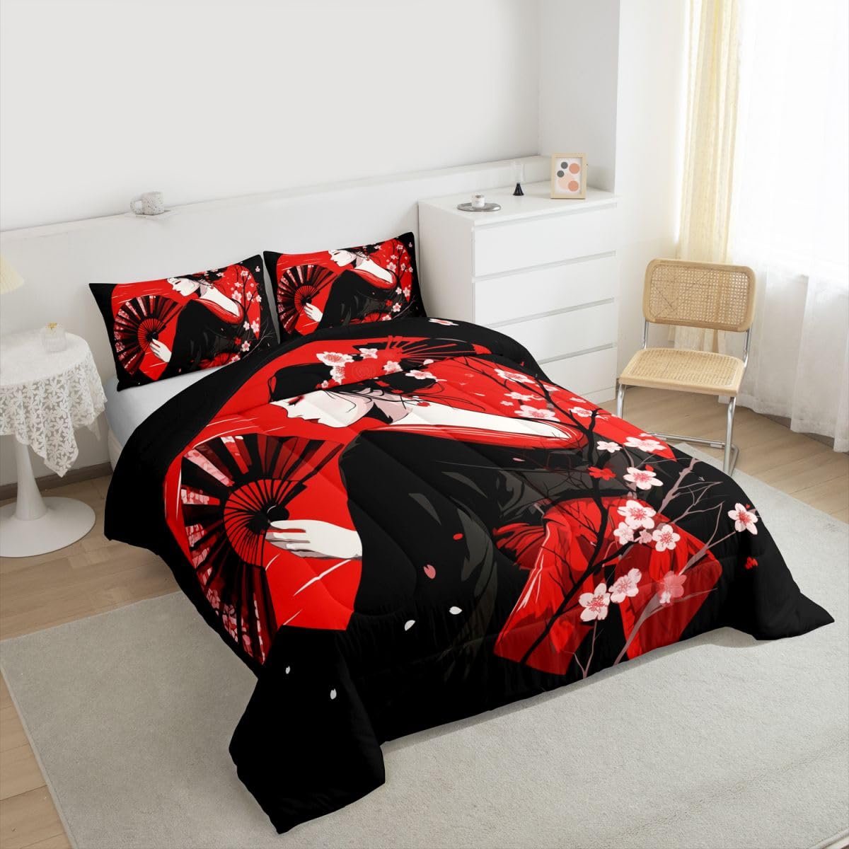 jejeloiu Japanese Geisha Comforter Set Queen Size Cherry Blossom Bedding Set for Kids Boys Girls Red Sun Duvet Quilt Japanese Ukiyoe Bedroom Decor Microfiber 3 Pcs with 2 Pillow Cases