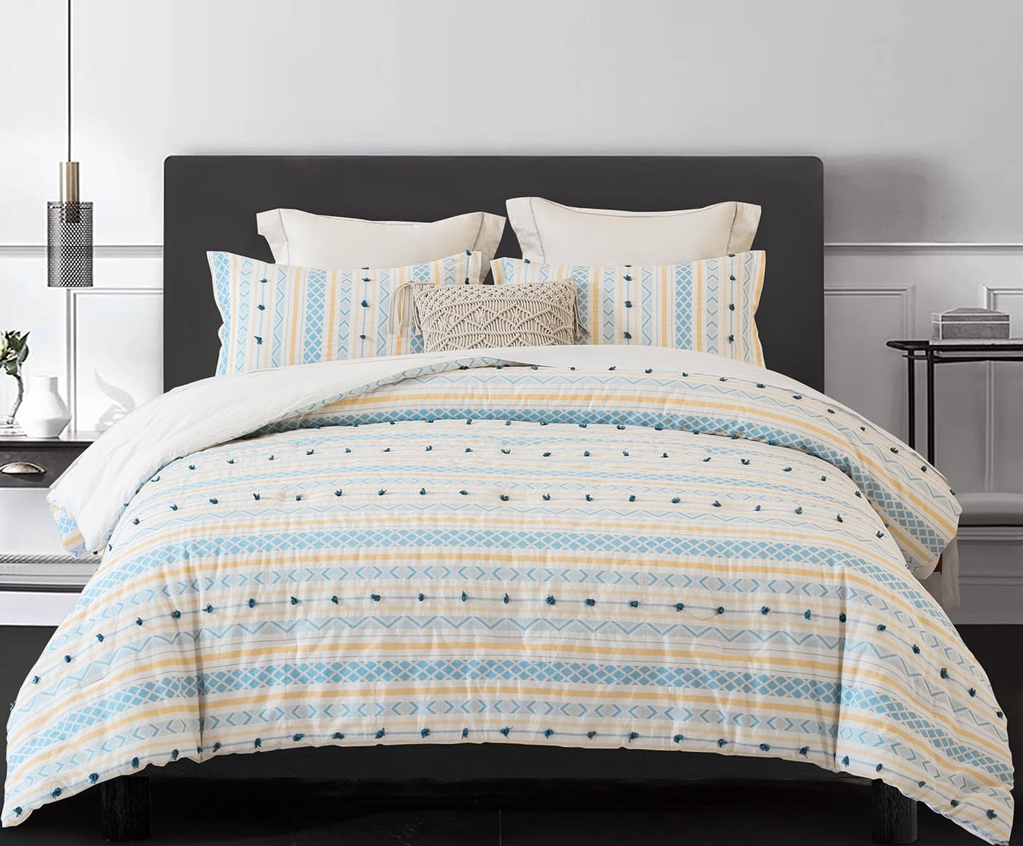 SLEEPBELLA Washed Double Layer Muslin 100% Cotton Comforter Set King Size, Yellow Blue Boho Fluffy Thick Checked Bedding Set, Soft Breathable (1 Comforter, 2 Pillow Shams)