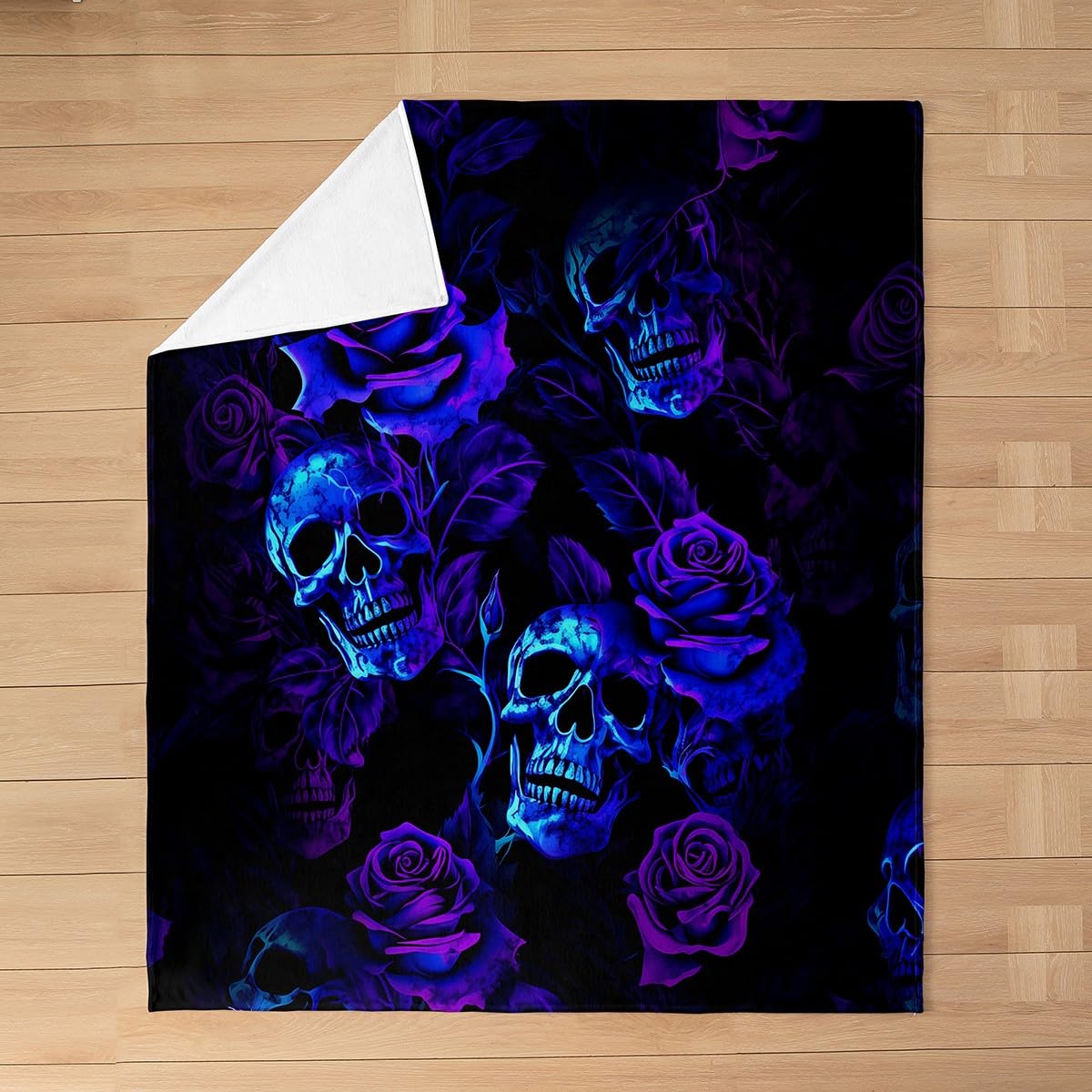 Feelyou Sugar Skull Fuzzy Blanket Queen 90"x90" Purple Blue Rose for Sofa Couch Teens Toddler Flannel Fleece Throw Blanket Gothic Skull All Season Bed Blanket Scary Plush Blanket
