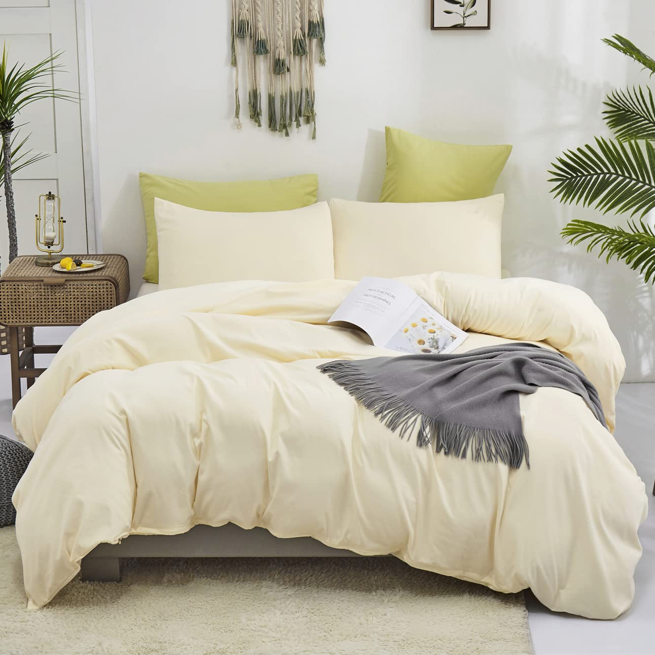 KAREVER Light Yellow Comforter Set Full Ivory Bedding Set Men Breathable Beige Bedding Set Women Soft Off White Ivory Bedding Comforter Set Full Size Comforter