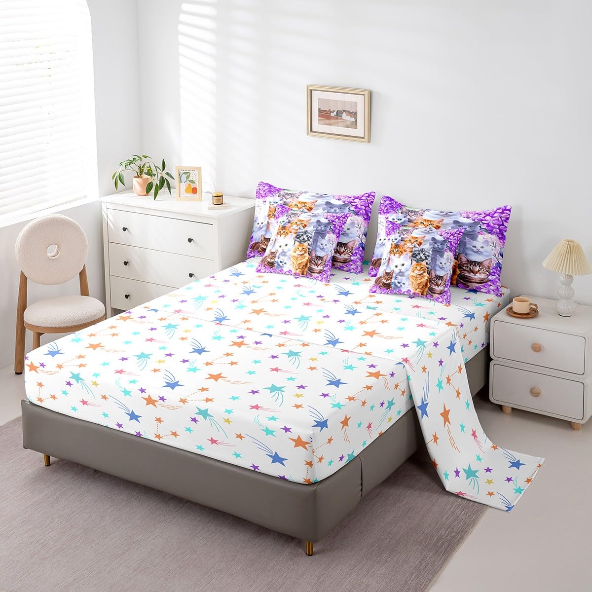 Feelyou Floral Cat 7 Piece Bedding Set with Sheets Twin Size Purple Cat Comforter Set with Sheets for Kids Teens Girls Bed Set Kawaii Animals Cute Decor Bedroom Soft and Lightweight(Reversible Stars)
