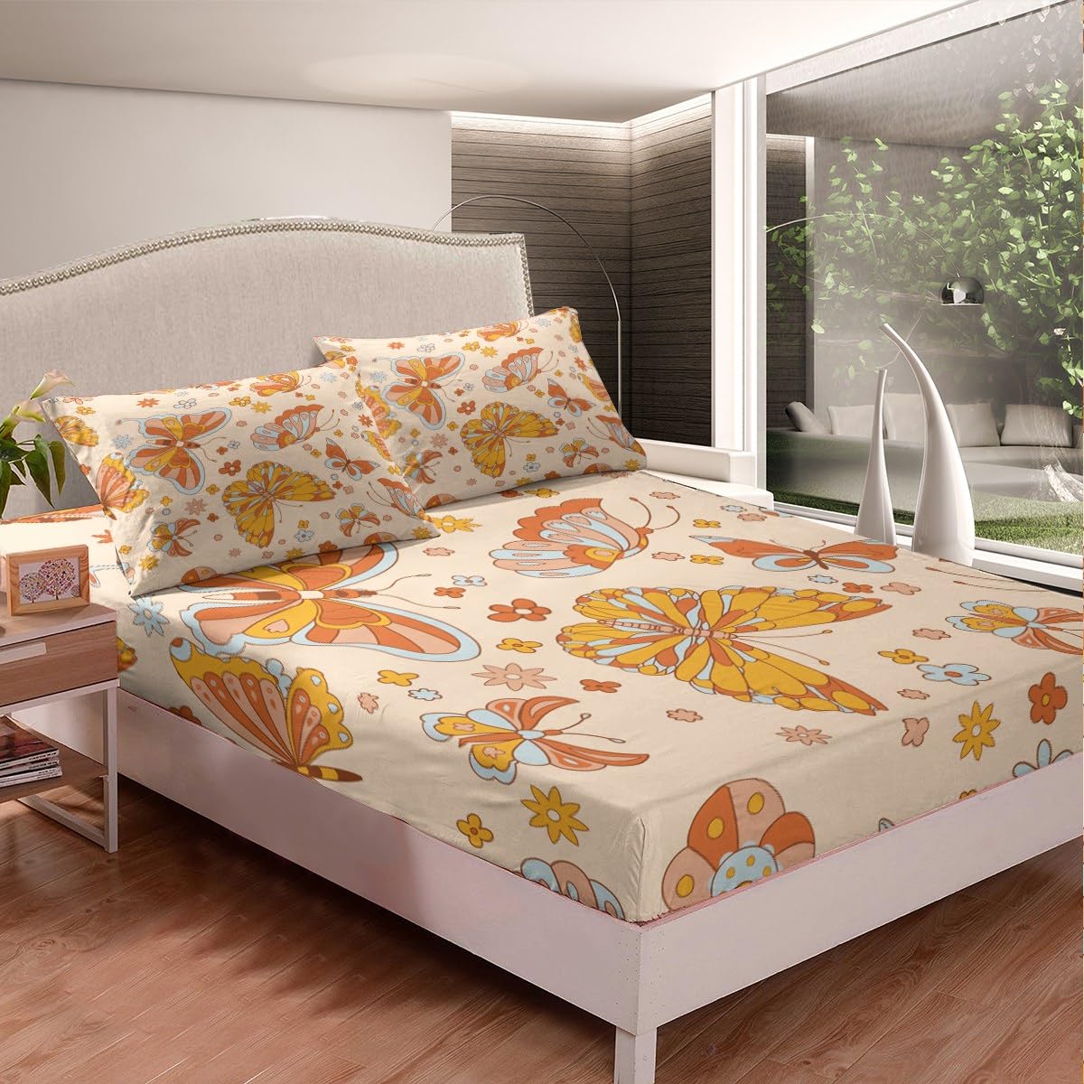 Retro 70S 60S Floral Hippie Bed Sheets Full For Kids Girls Cute Groovy Butterfly Flower Bedding Set Boho Natural Flowers Sheet Set Rainbow Garden Botanical Fitted Sheet + Flat Sheet + 2 Pillow Cases