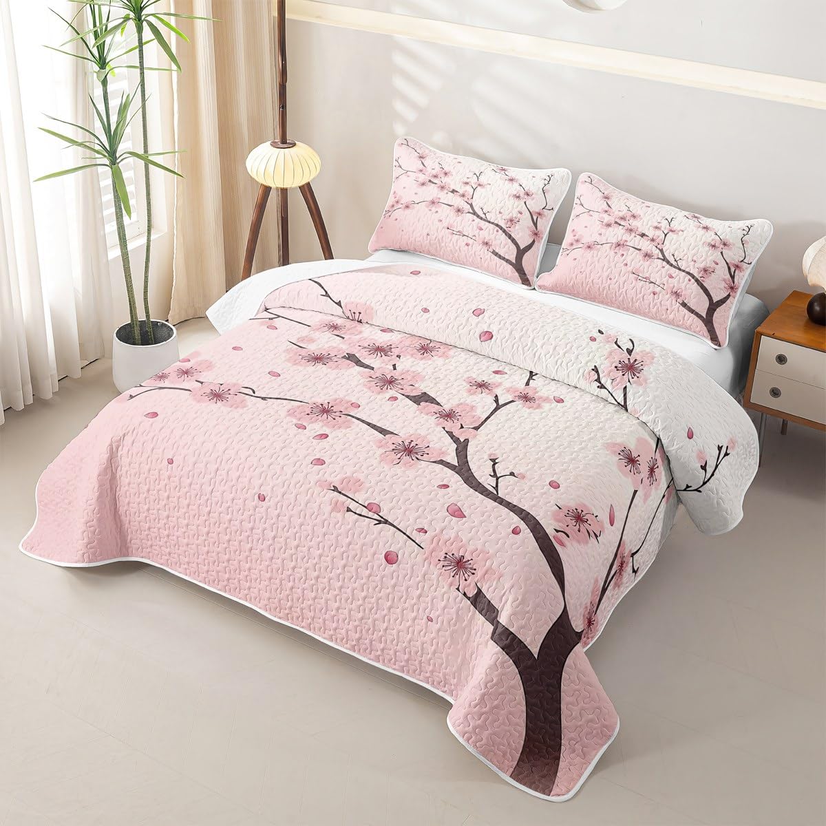 Erosebridal Girl Cherry Blossoms Quilt Full Japanese Style Quilt SetPink Flowers Quilted Bedspread Branches Plant Floral Bedding Coverlet with 2 Pillowcases