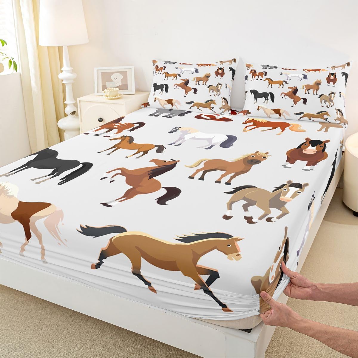 Cartoon Horse Bed Sheet for Boys Girls, Various Farm Animals Fitted Sheet for Teens Child Kids Man, Western Farmhouse Animals Bedding Sets, Cowboys Wildlife Bed Cover Twin Size Plain White