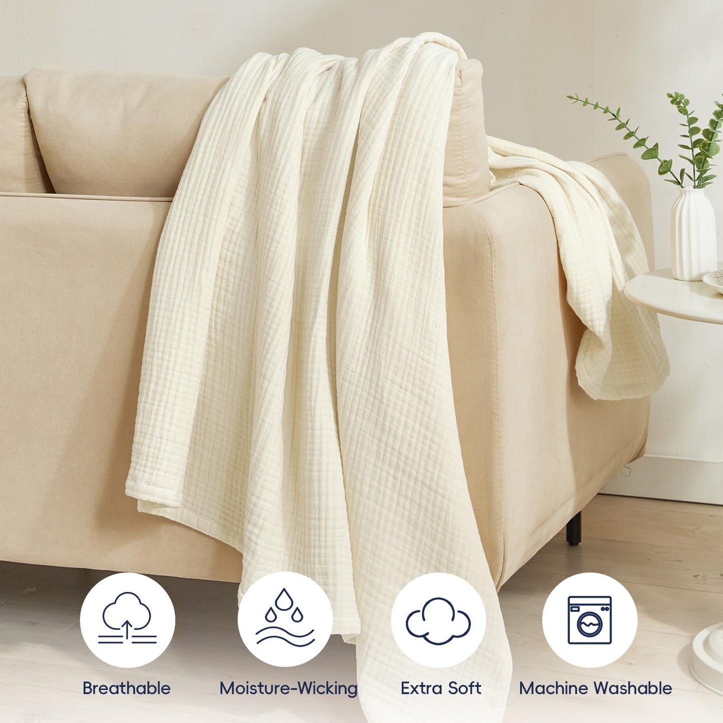 PHF 100% Cotton Muslin Throw Blanket 50" x 60", 4-Layer Lightweight Gauze Throw, Breathable Cloud-Soft Minimalist Blanket for Bed, Couch, Camping, Birch, Ideal Gift