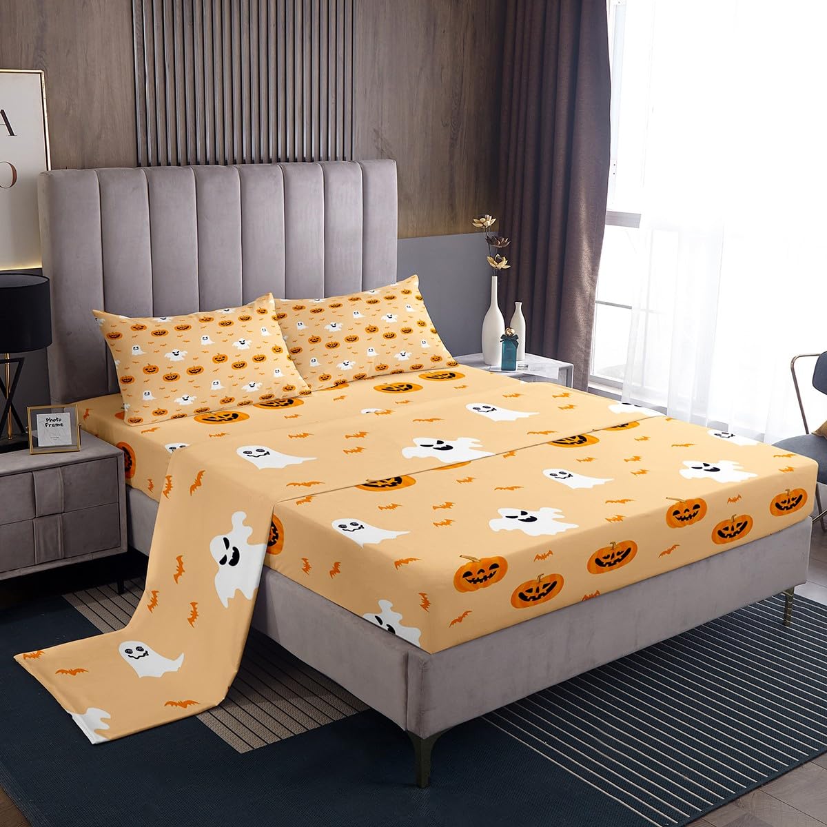 jejeloiu Kids Pumpkin Lantern Sheet Set King Size Halloween Bed Sheets Set for Boys Girls Teens Room Decor Cute Ghost Sheets with Deep Pocket Fitted Sheet Women Men Yellow Bedding Set,4Pcs