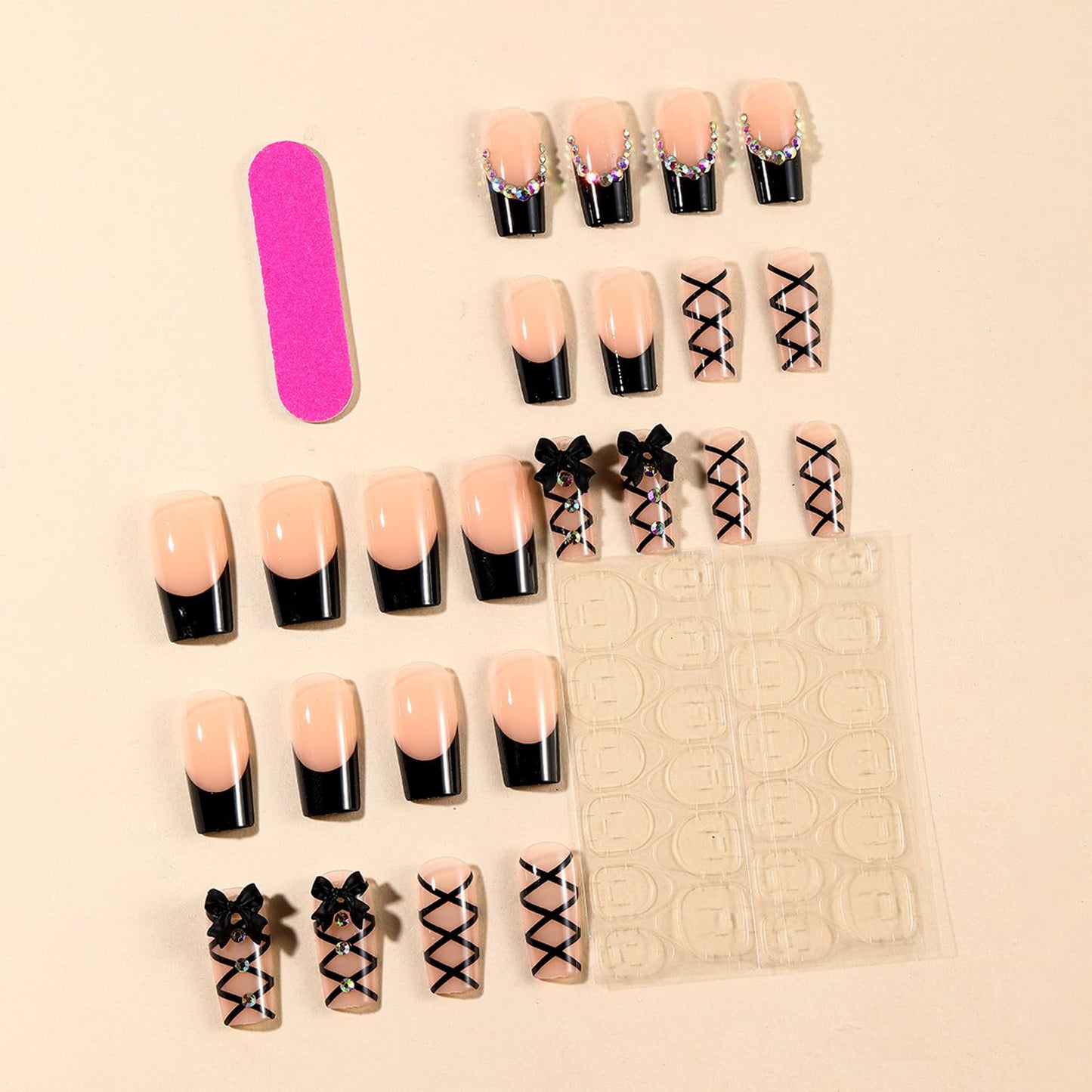 Black French Tip Press on Nails Medium Long Rhinestone Bow Diamond French Nails Square Bling Glossy 3D Bow False Nail Tips Artificial Nails Finger Manicure for Women and Girls 24pcs