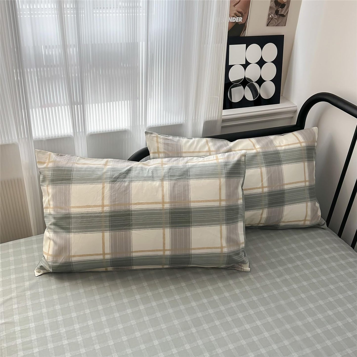VM VOUGEMARKET Green Plaid Duvet Cover Sets Queen,3 Pieces Gingham Comforter Cover with Zipper Closure & Corner Ties for Men Boys Simple Modern Bedding Set (90"x90")