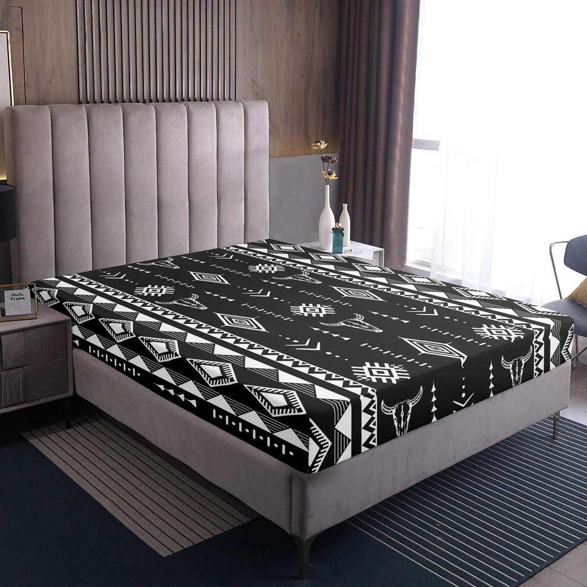 Erosebridal Bull Skull Bed Sheets Set Full Size, Western Aztec Boho Flat Fitted Sheet for Girls Boys Women Men Home Decor, Southwestern Cowboy Bedding Set, Ethnic Horns Bed Sets