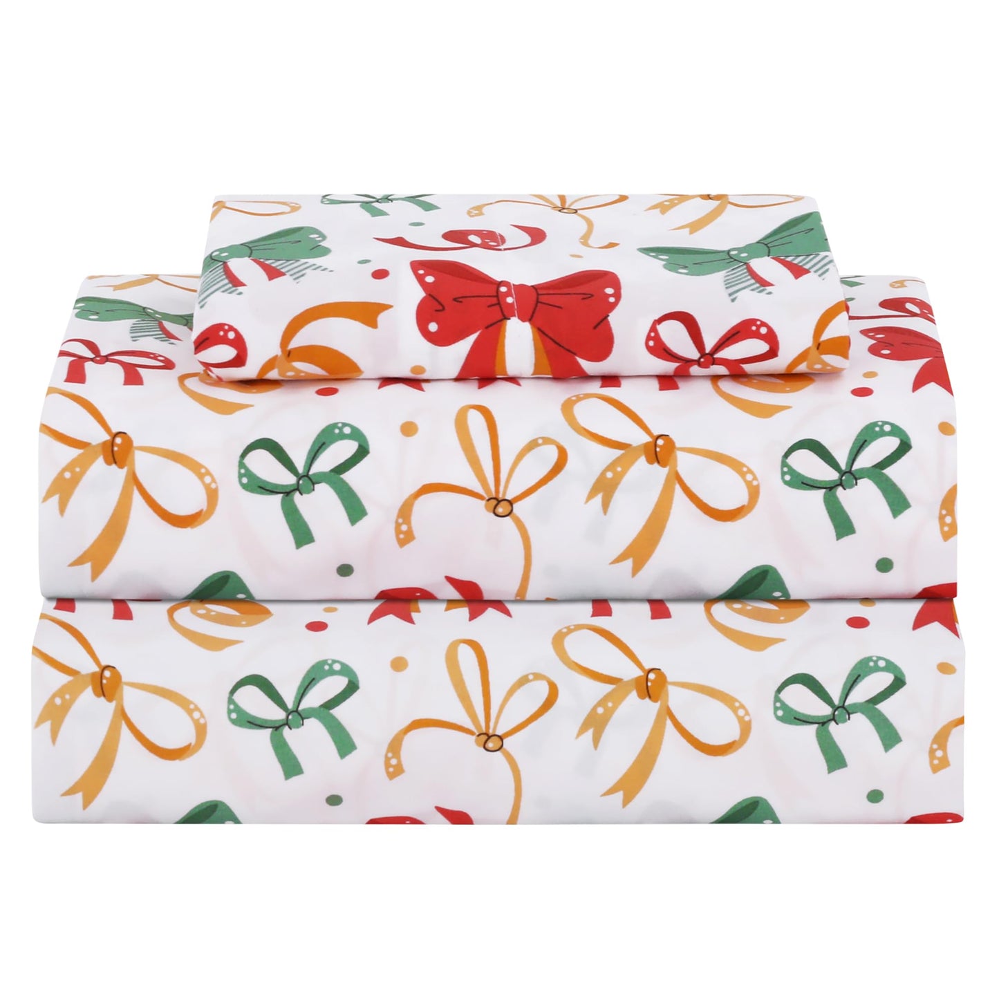 Softan Kids Bed Sheet Set, Boys/Girls Full Size Sheets, Microfiber Kids Fitted Sheet and Pillowcase, Breathable and Silky Soft, 4 Piece Christmas Bowknot Printed Full Bed Sheet