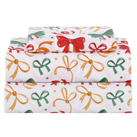 Softan Kids Bed Sheet Set, Boys/Girls Full Size Sheets, Microfiber Kids Fitted Sheet and Pillowcase, Breathable and Silky Soft, 4 Piece Christmas Bowknot Printed Full Bed Sheet