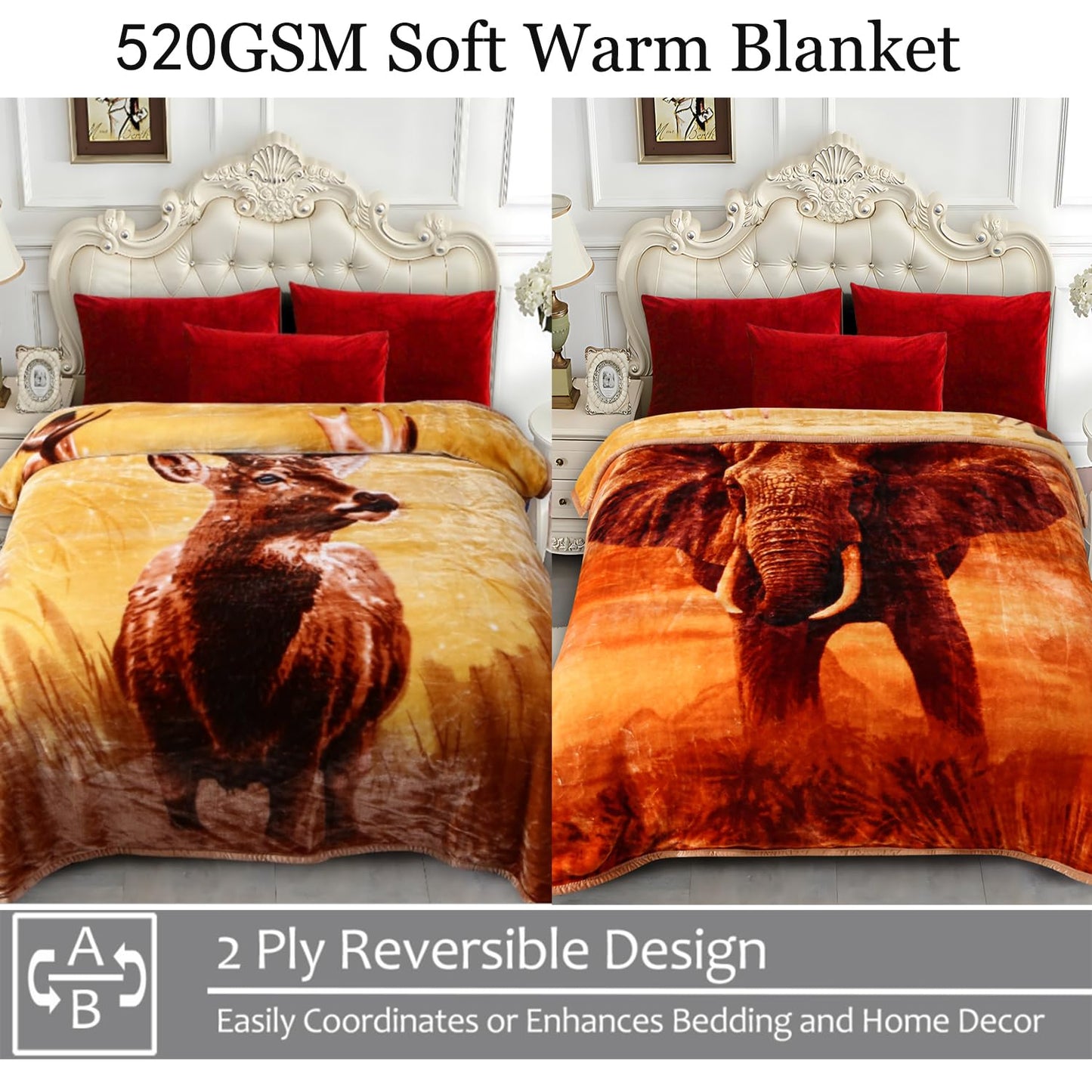 JYK Queen Size Korean Mink Blanket, 5 LB Fleece Bed Blanket - 2 Ply Reversible 520GSM Silky Soft Plush Warm Blanket for Autumn Winter, A&B Pattern Printed, (Queen 75"x87", Deer/Elephant)