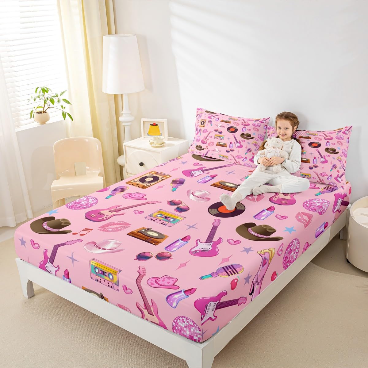 jejeloiu Girls Music Bed Sheets Pink Guitar Cat Western Cowgirl Bedding Set Full Size Fashion Women Singer Bed Cover Pink Room Decor Lightweight Deep Pocket Fitted Sheet (No Top Sheet)