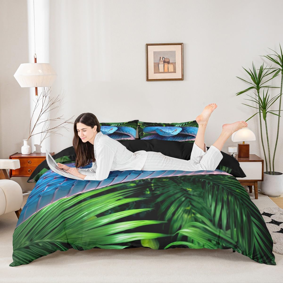 Erosebridal Snake Comforter Cover, 3D Python Duvet Cover, Palm Leaf Bedding Set Full Size, Reptile Tropical Theme Quilt Cover for Kids Boys Girls Teens Living Room Decorative