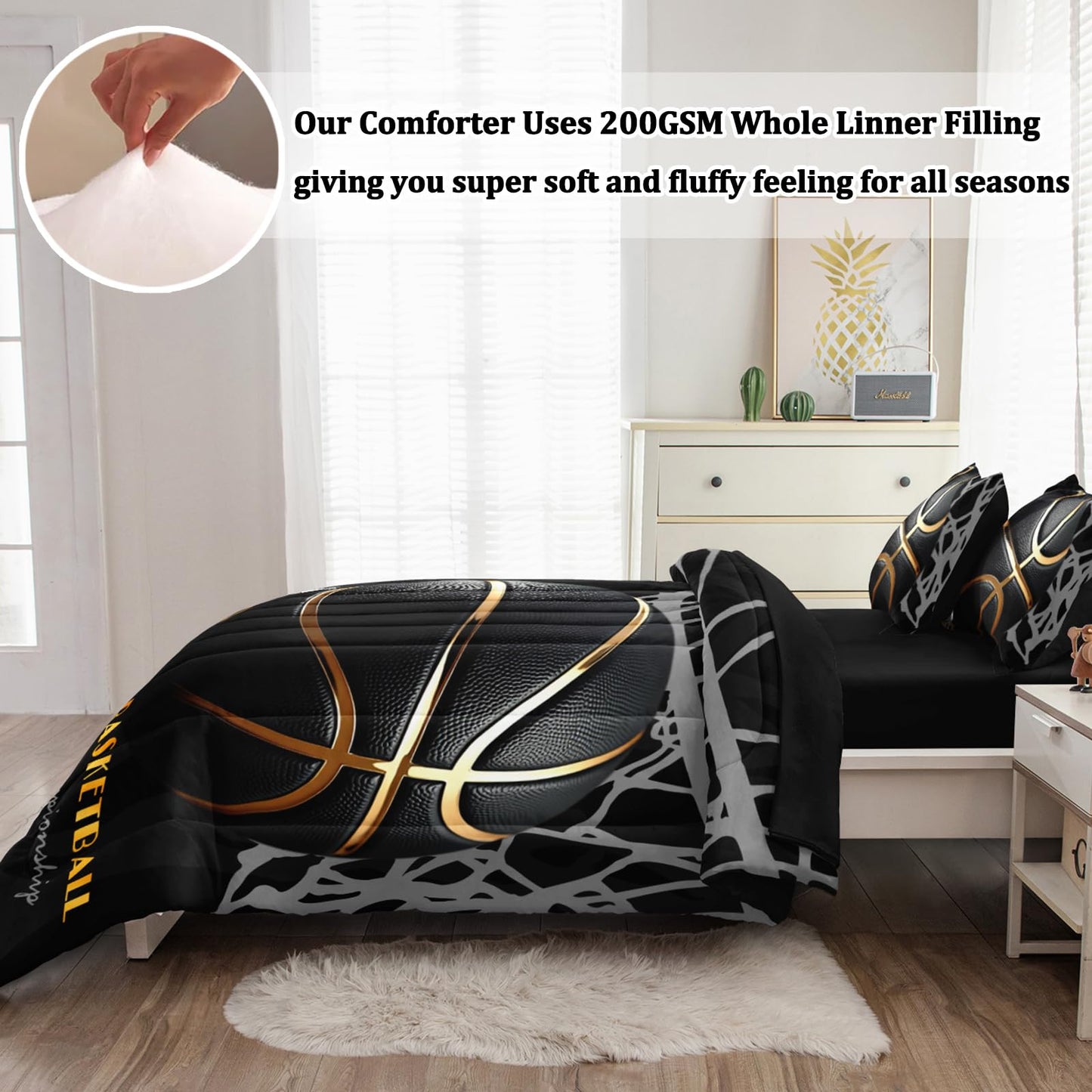 HICAND 5 Pcs Basketball Full Bedding Set for Boys Teens, Full Size Sports Cool Basketball Boys Comforter Set with Sheets