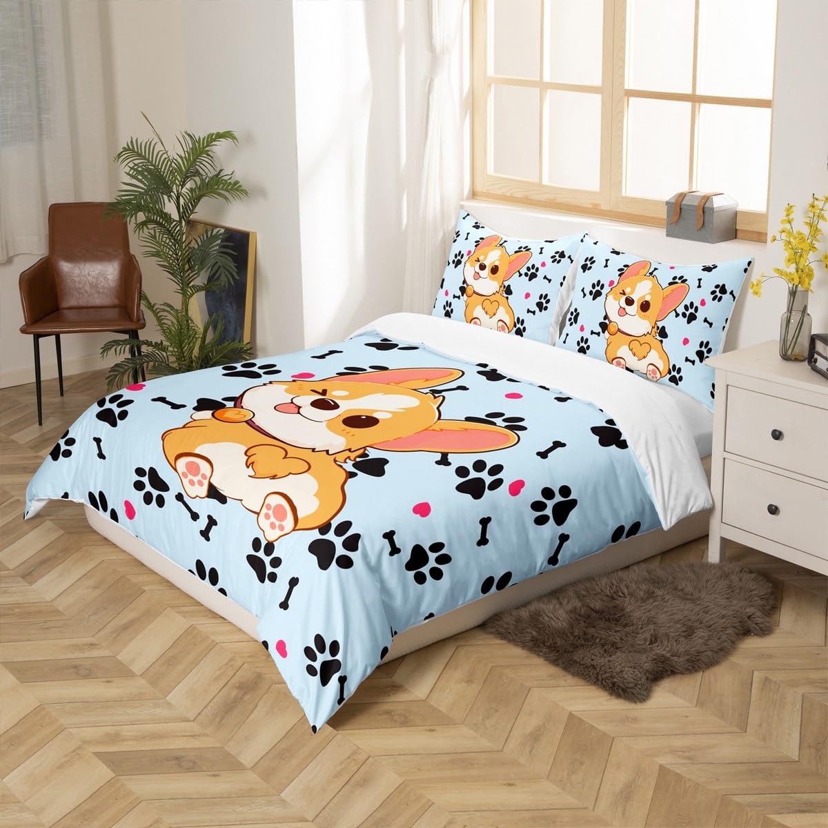 Cute Corgi Duvet Cover Set King Size,Cartoon Dog Footprint Bones Bedding Set 3pcs for Kids Boys Girls Room Decor,Smiling Doggy Comforter Cover Family Paw Quilt Cover with 2 Pillowcases,Blue