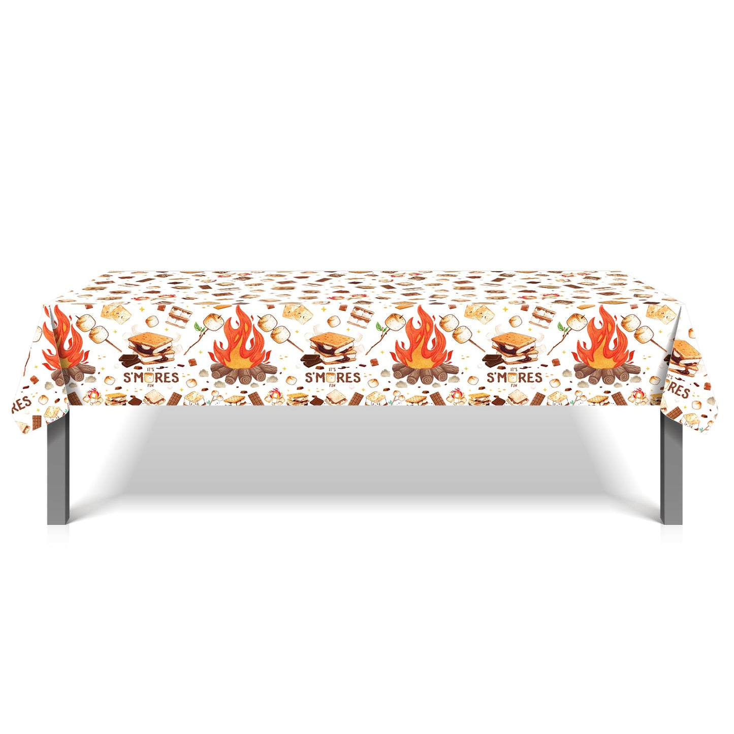 CC HOME 1Pc Camping Party Plastic Tablecloth 54 x 87 Inch Long Table Cover, Marshmallow Sandwich Party Tablecover for Bonfire Camp Theme Kids Baby Shower Birthday Dinner Picnic Kitchen Event