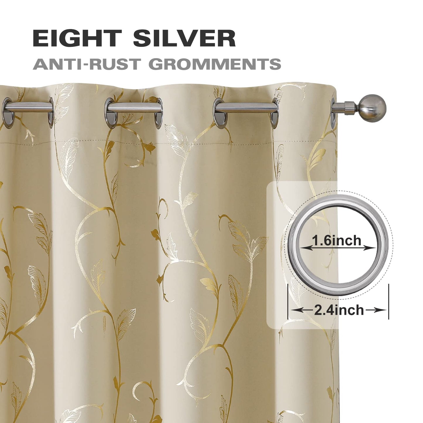 BUHUA Blackout Curtains Gold Foil Print Flower Vine Grommet Drapes, Room Darkening Thermal Insulated Curtains, Noise Reducing Blackout Curtain for Bedroom, Beige, 52Wx63L, 2 Panels