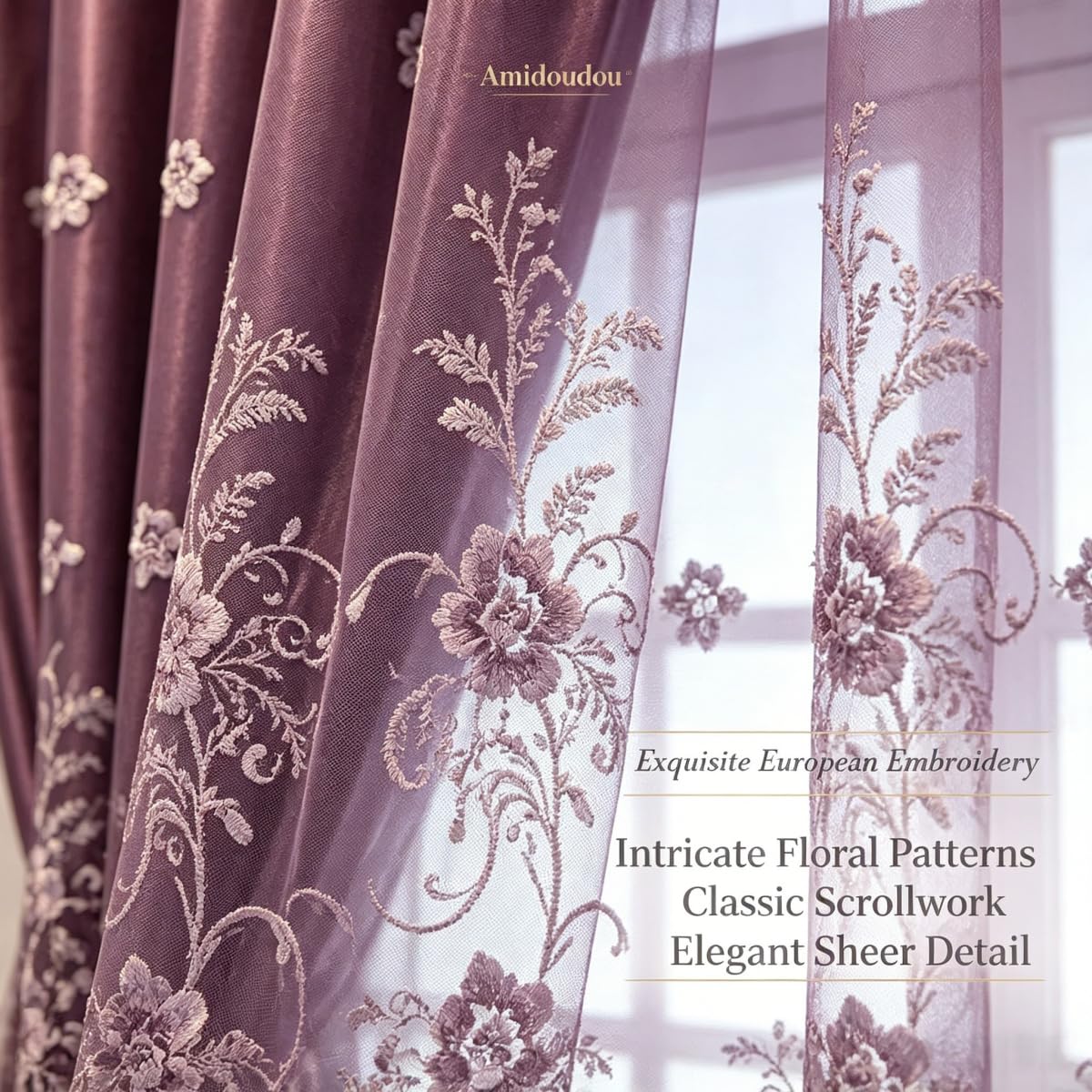 Amidoudou 1 Pair European Double Layer Curtains for Living Room Bedroom Luxury Flower Embroidered Curtains with Valance (Purple,54x90 Inch)