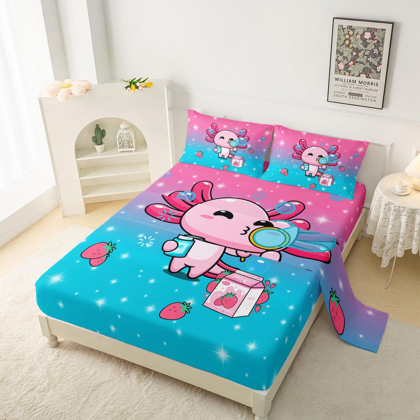 QOOMO Kawaii Axolotl Sheet Set,Pink Salamander Kids Bed Sheets,Strawberry 16" Deep Pocket Bed Sheet Set for Boys/Girls/Kids/Teens，1 Fitted Sheet,1 Flat Sheet and 2 Pillowcases，Twin Size
