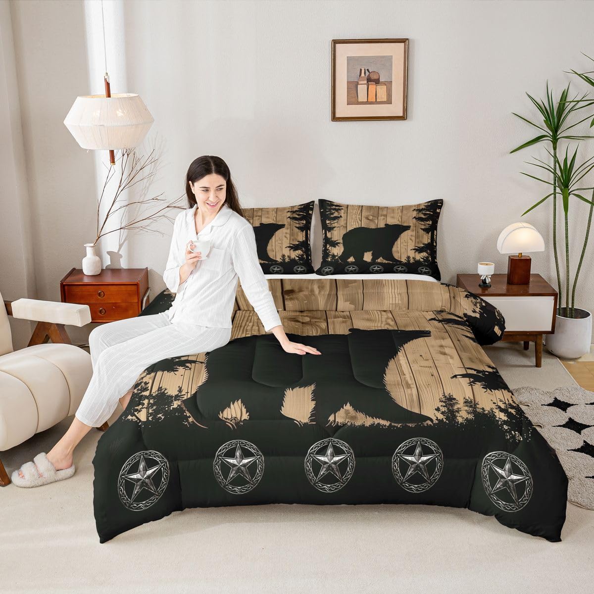 jejeloiu Bear Bedding Set Soft for Boys Girls, Wild Animal Comforter Set Queen Size Wild Retro Wood Duvet Quilt Microfiber Rustic Cabin Country Bedroom Decor 3 Pcs with 2 Pillow Cases