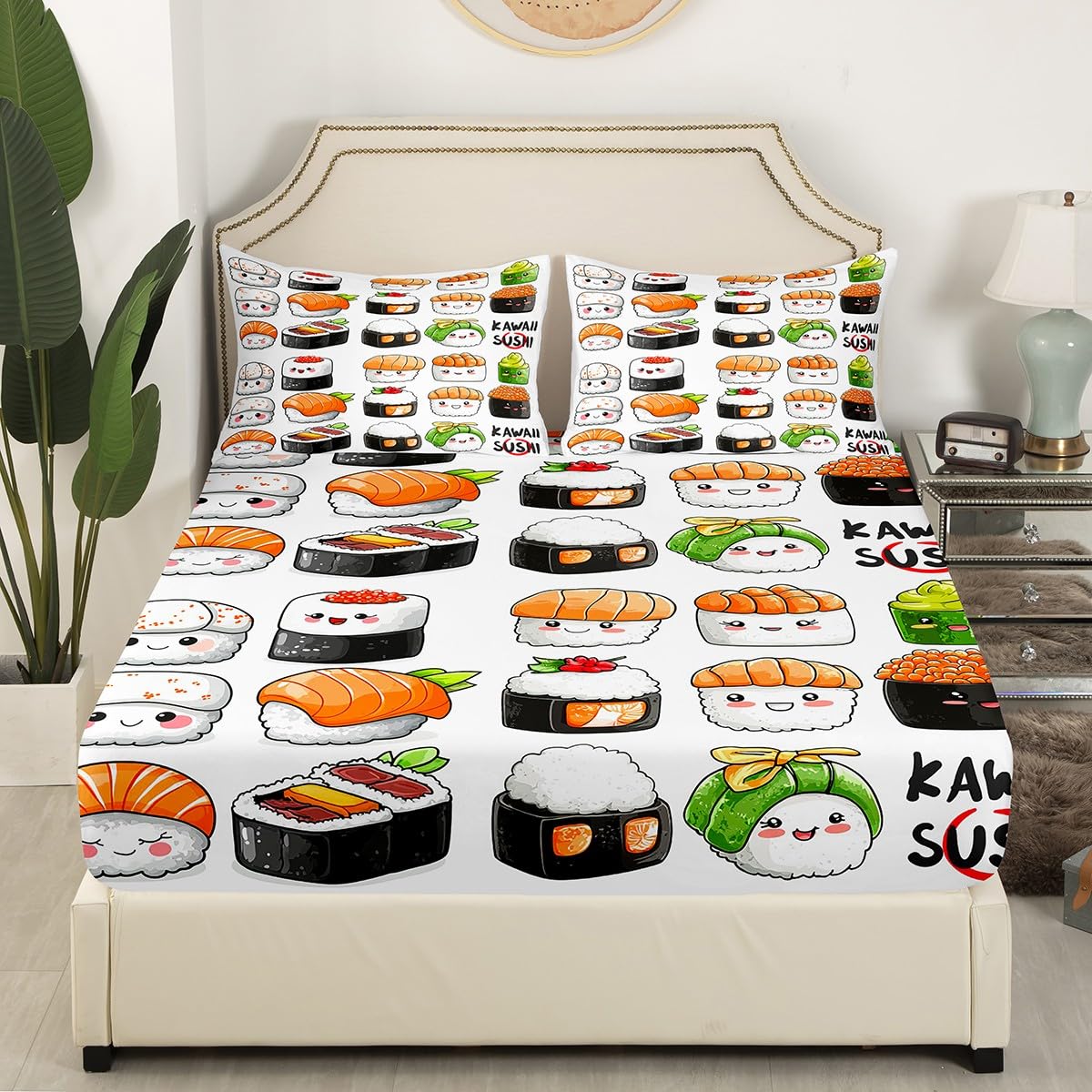 Erosebridal Sushi Fitted Sheet Kawaii Bed Sheet Set Full Size,Japanese Style Bedding Set 4 Piece(1 Fitted Sheet,1 Funny Japan Food Flat Sheet,2 Pillowcases) for Kids Child Novelty White Bedroom Decor