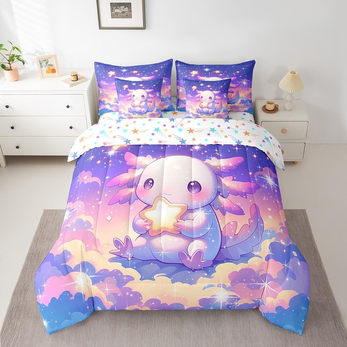 Feelyou Kids Cute Axolotl Bed in A Bag Twin Size, Galaxy 7 Pieces Bedding Set Boys Girls Cartoon Salamander Comforter Set with Sheets Kawaii Animal Teens Bed Set Bedroom Decor 7Pcs