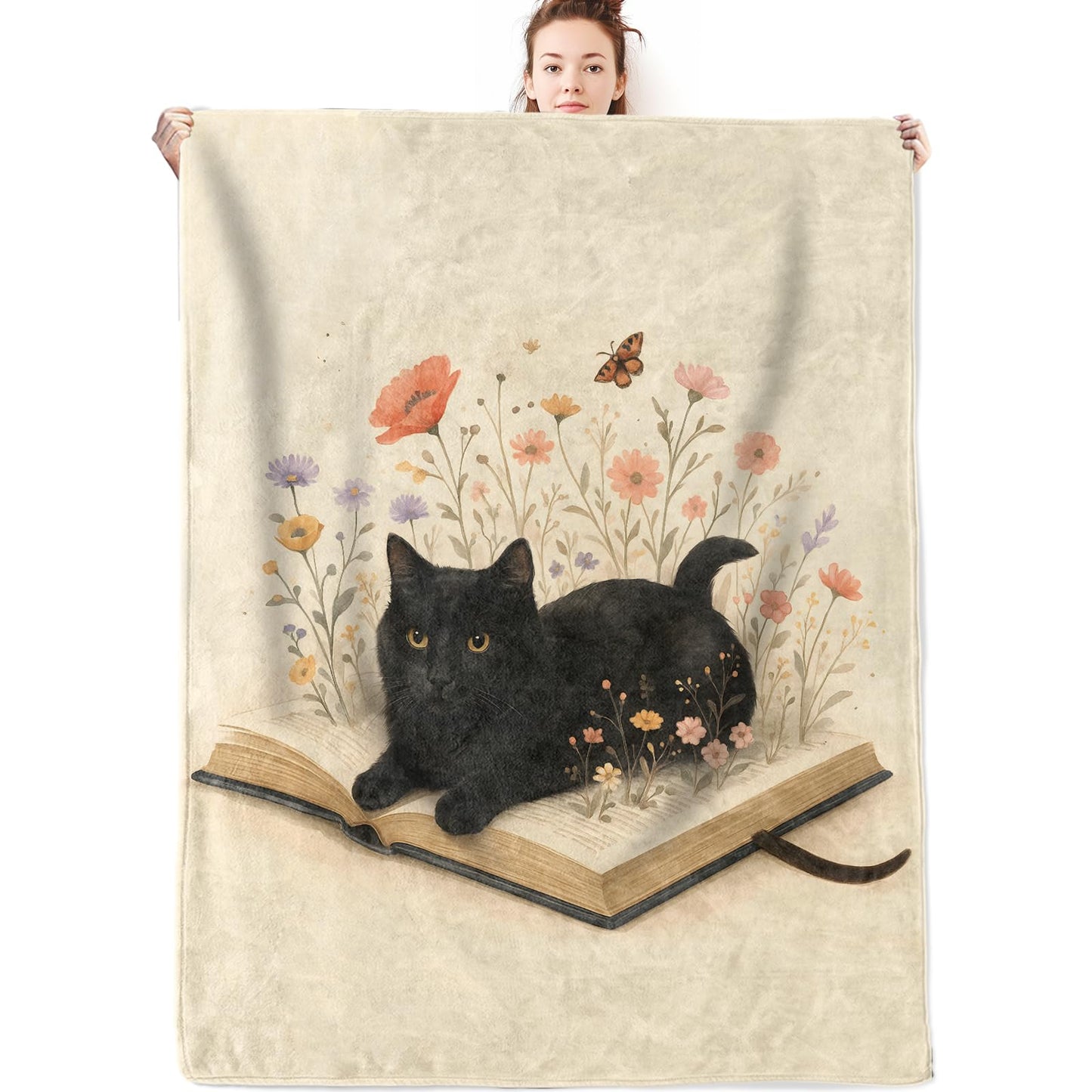olpddz Black Cat and Book Flannel Blanket Gifts for Kitten Lover,60x50inch,Cozy Literary Throw Blankets with Fantasy Floral and Adorable Pet,for Bedroom,Sofa,Living Room,Camping Home Decor Throws