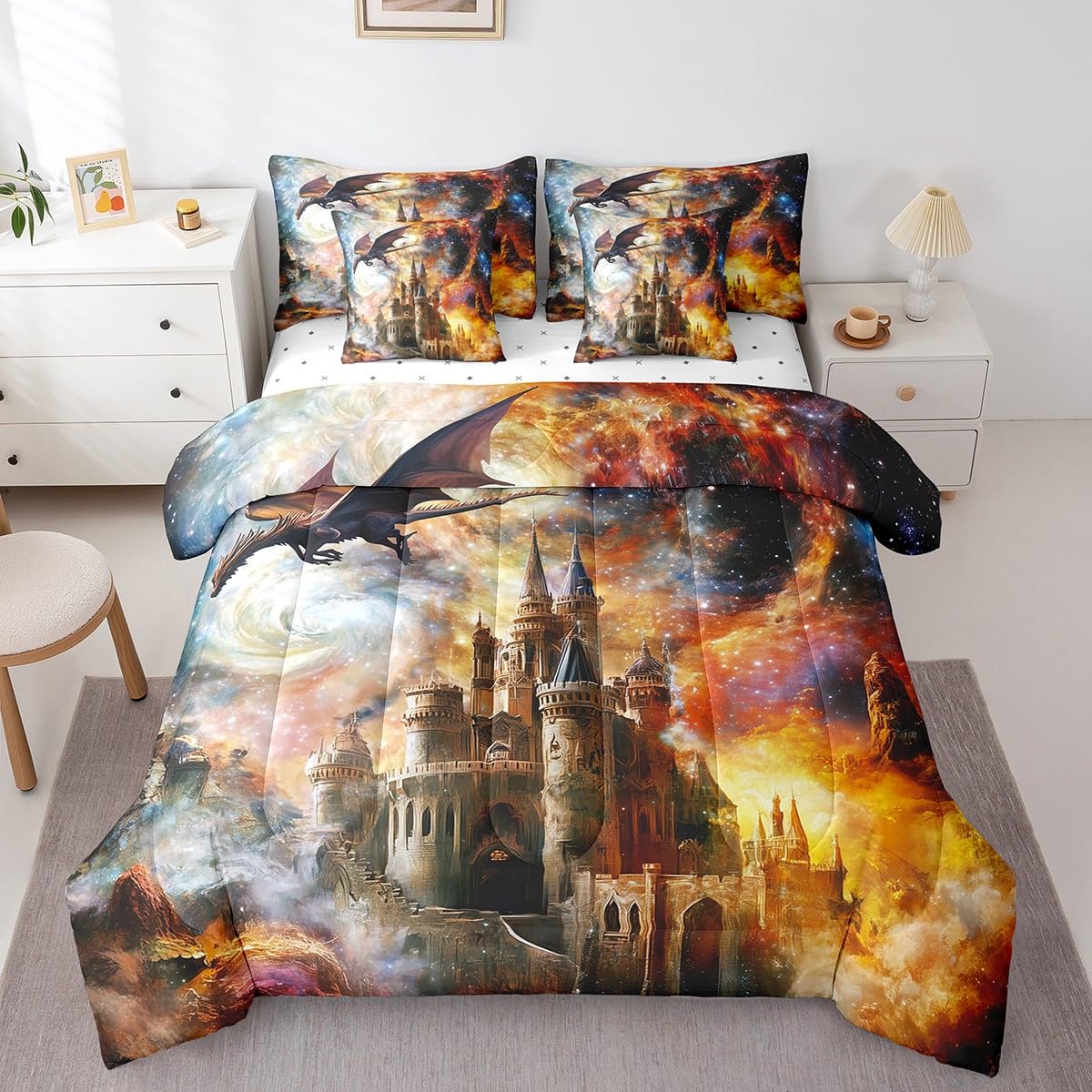 7 Pieces Retro Castle Galaxy Comforter Set Queen,Flying Dragon Bed Set for Kids Boys Girls,Magical Starry Sky Bedding(1 Comforter,1 Fitted Sheet,1 Flat Sheet,2 Pillowcases,2 Throw Pillow Cover)
