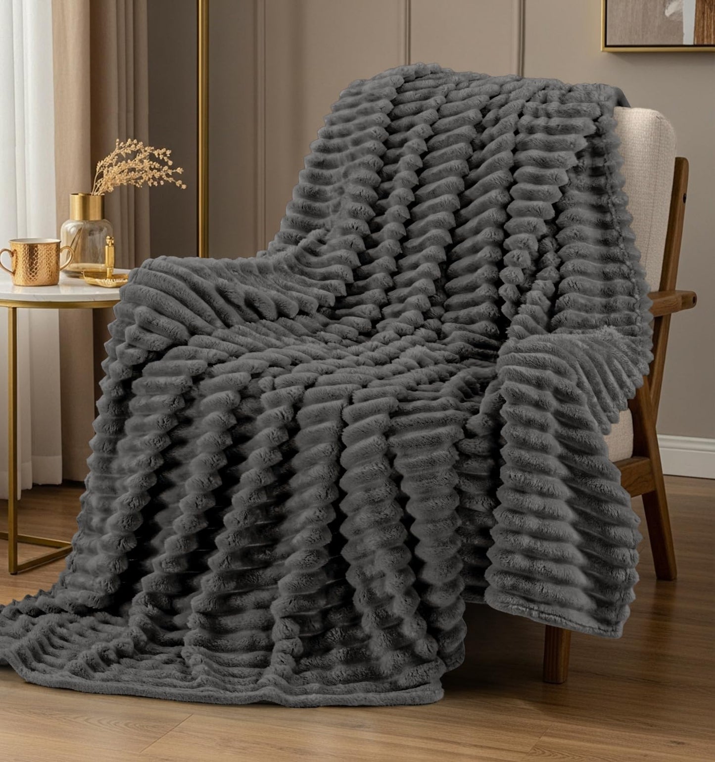 Utopia Bedding Grey Striped Fleece Blanket Throw Size – Fluffy, Warm & Lightweight Ribbed Throw for Bed, Sofa & Chair - Soft Cozy Blanket for Home Décor & Gifting (50x60 Inches)