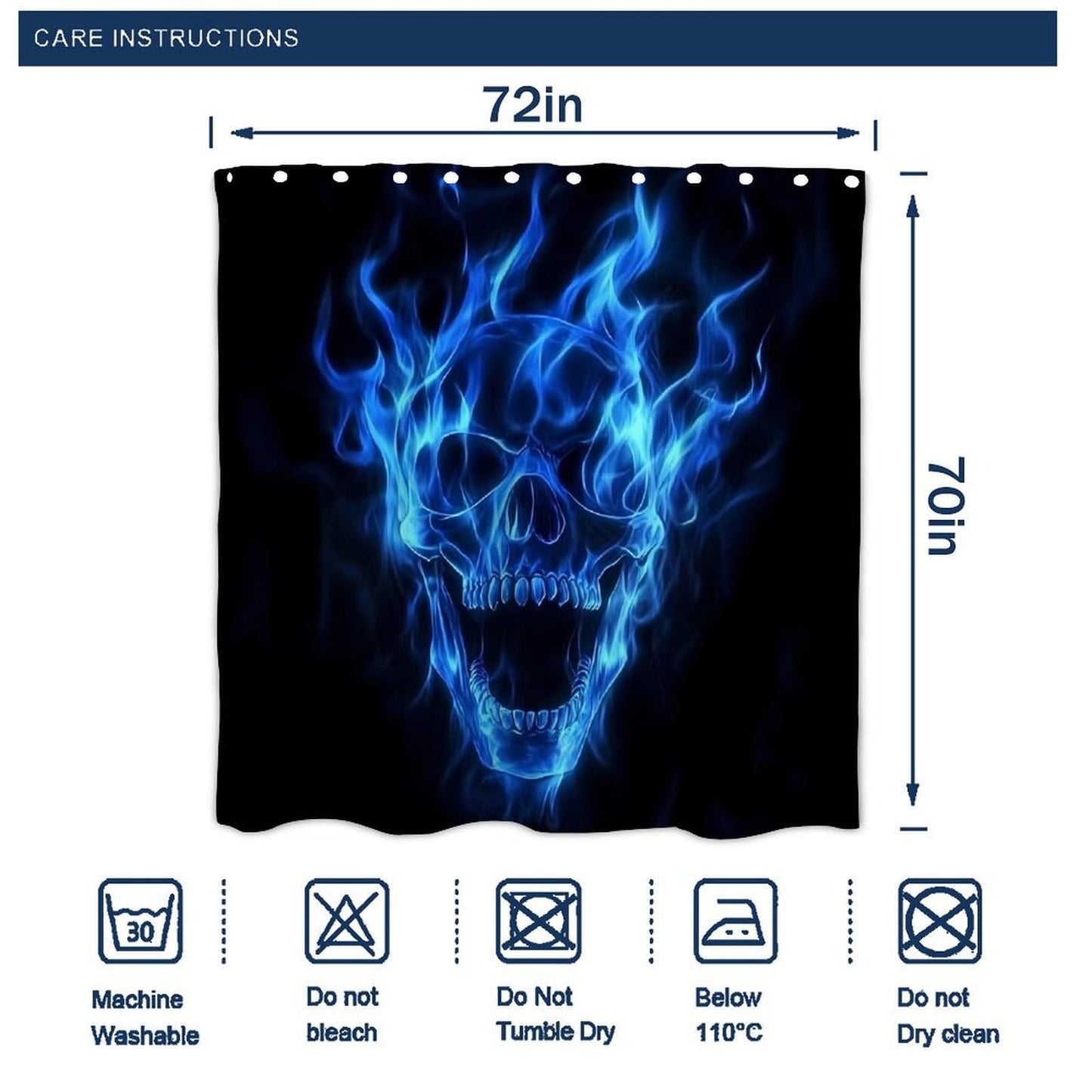 Fashion Hotel Bathroom Decorative Shower Curtain with Hooks, Fire Flaming Blue Cool Skull Waterproof Lightweight Shower Curtain